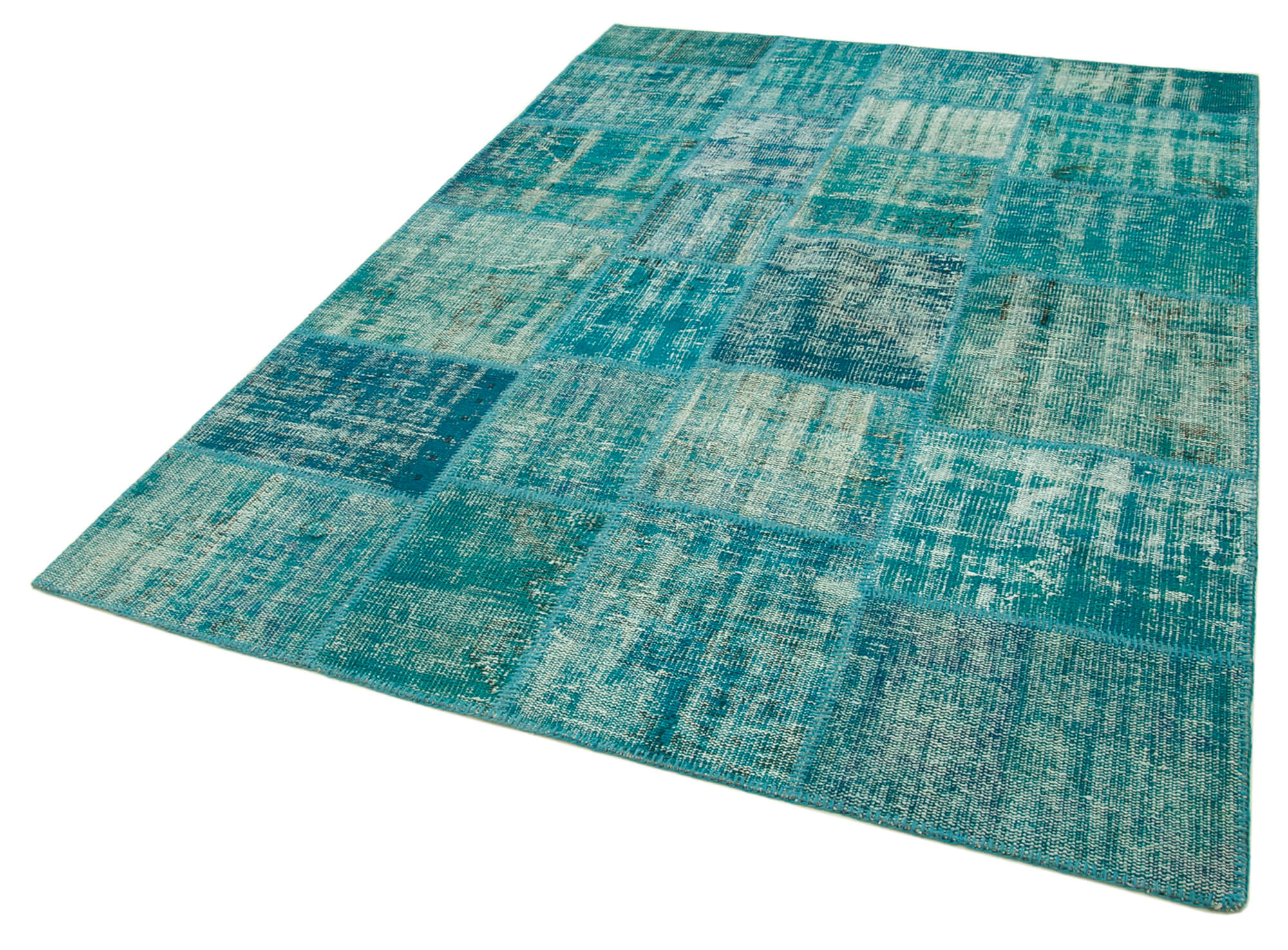 Handmade Area Rug - Kirk Yama Turquoise Patchwork Cotton Wool Blend 5'8"x7'10"