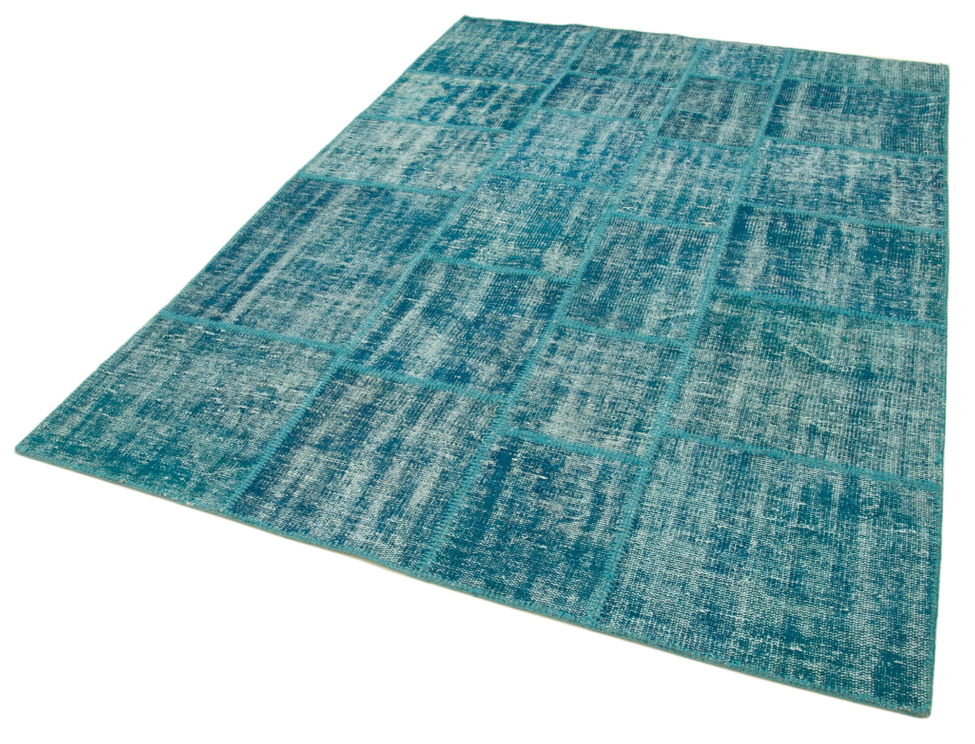 Handmade Area Rug - Turquoise Patchwork Cotton Wool Vintage Turkish Carpet 5'9''x8'1''