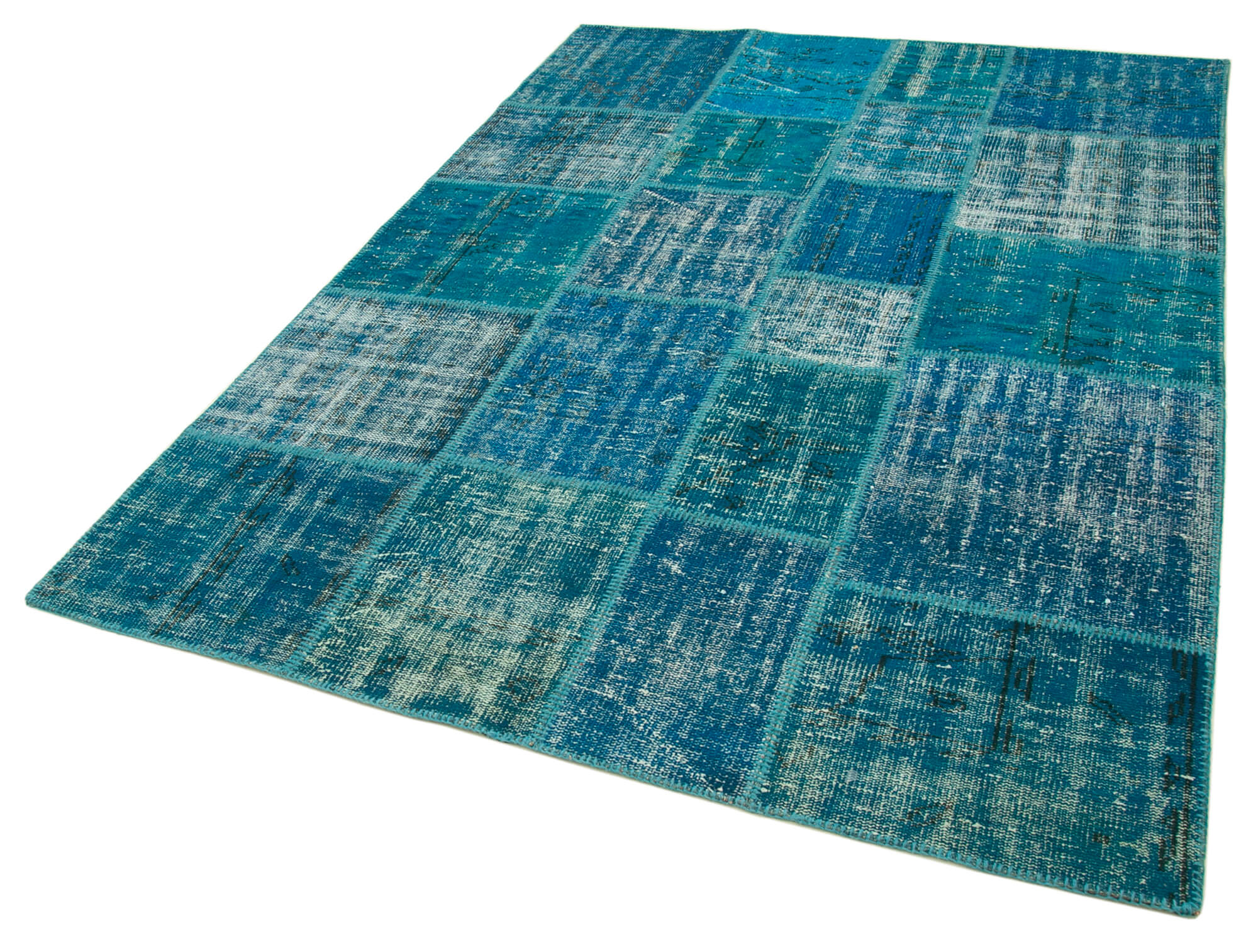 Handmade Area Rug - Turquoise Patchwork Cotton Wool Vintage Carpet 5'9''x8'0''