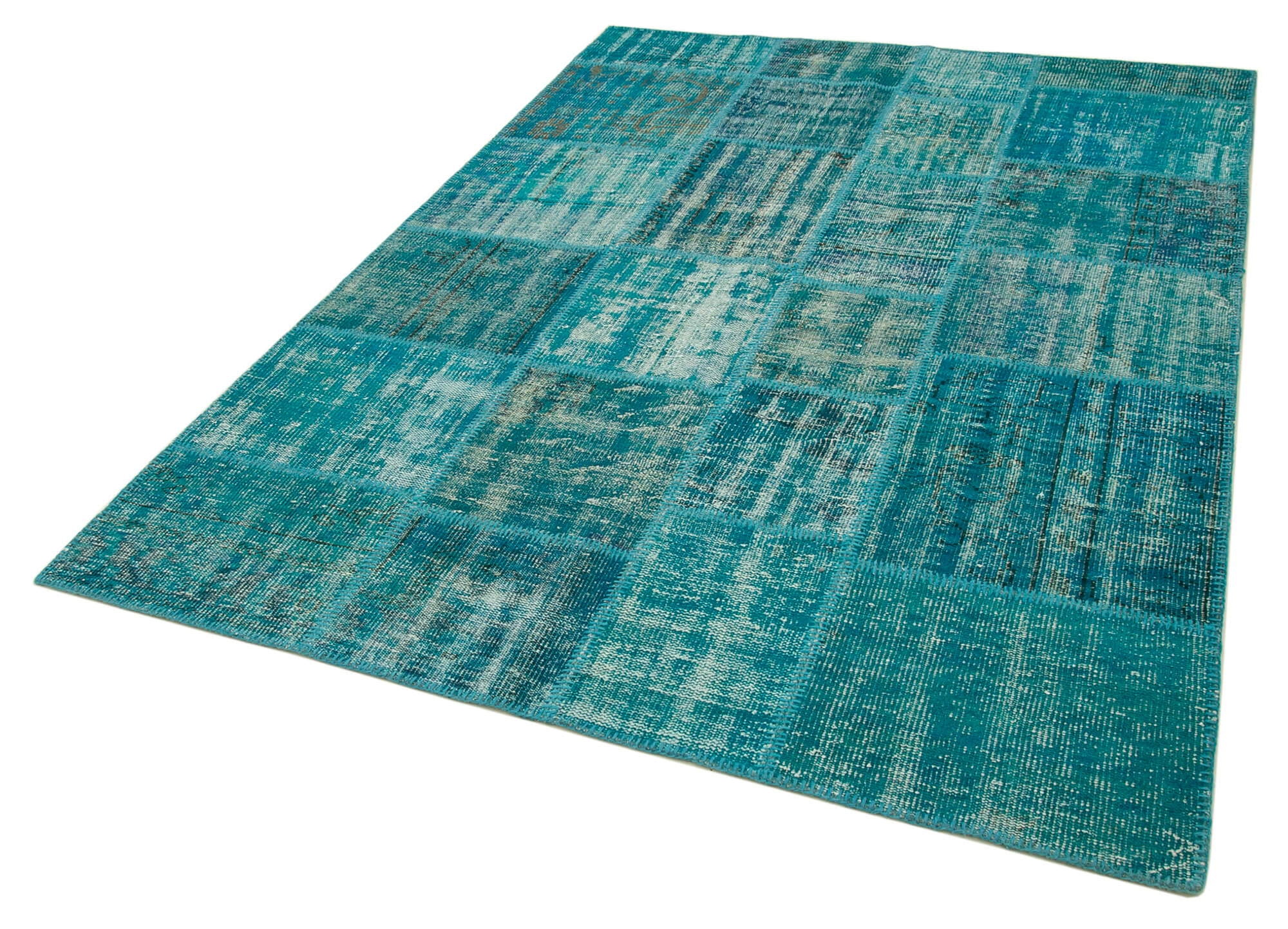 Handmade Area Rug - Turquoise Patchwork Cotton Wool Rug 5x8 Foot Durable Design