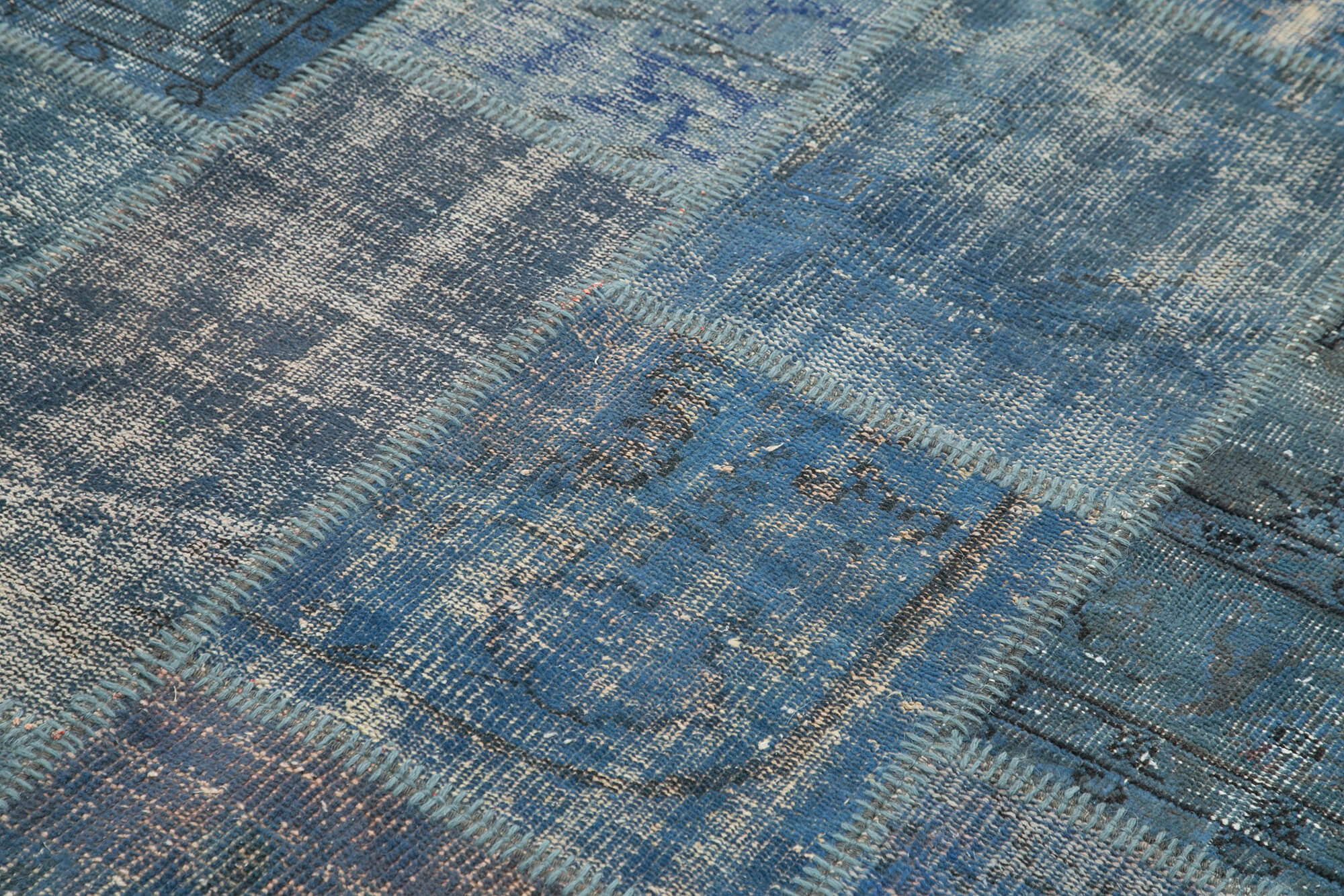 Handmade Area Rug – Blue Patchwork Wool Cotton Carpet 5'9''x8'0'' Durable Vintage