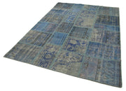 Handmade Patchwork Rug - Blue Area Rug 5'9''x8'1'' Cotton Wool Durable Wool Carpet