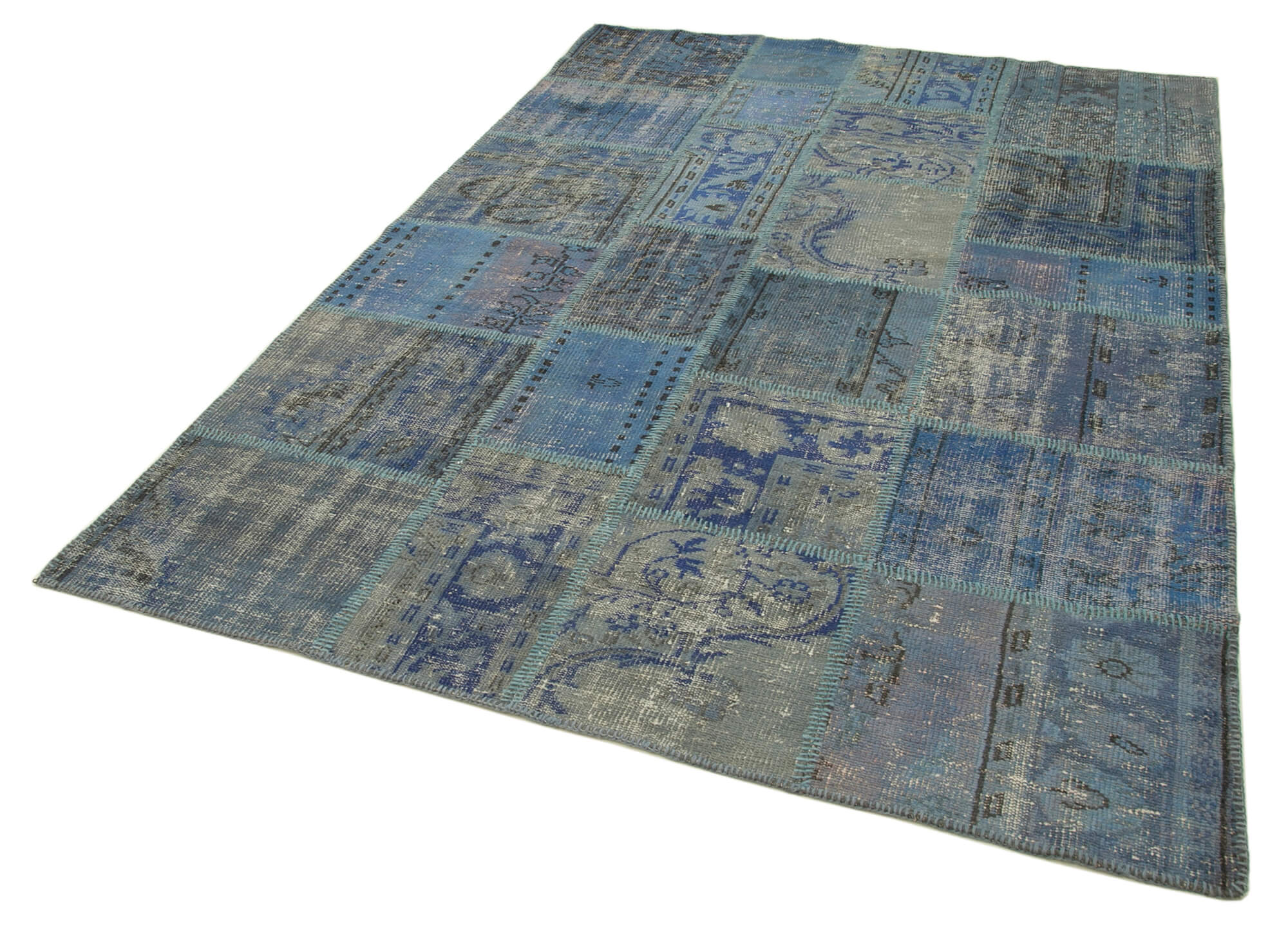 Handmade Patchwork Rug - Blue Area Rug 5'9''x8'1'' Cotton Wool Durable Wool Carpet