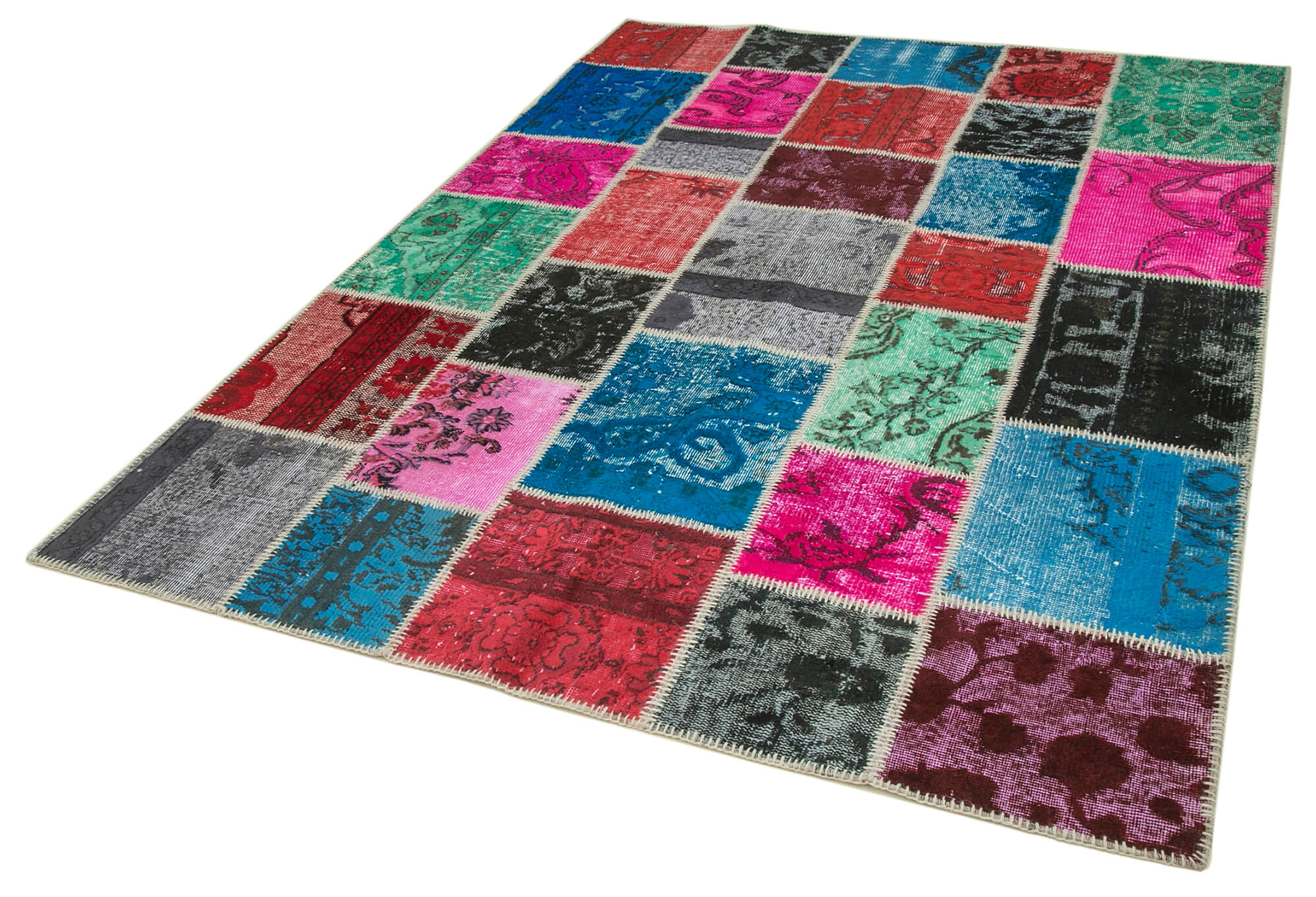 Handmade Wool Area Rug - Blue Patchwork Cotton Wool Carpet 5'10" x 8'0"