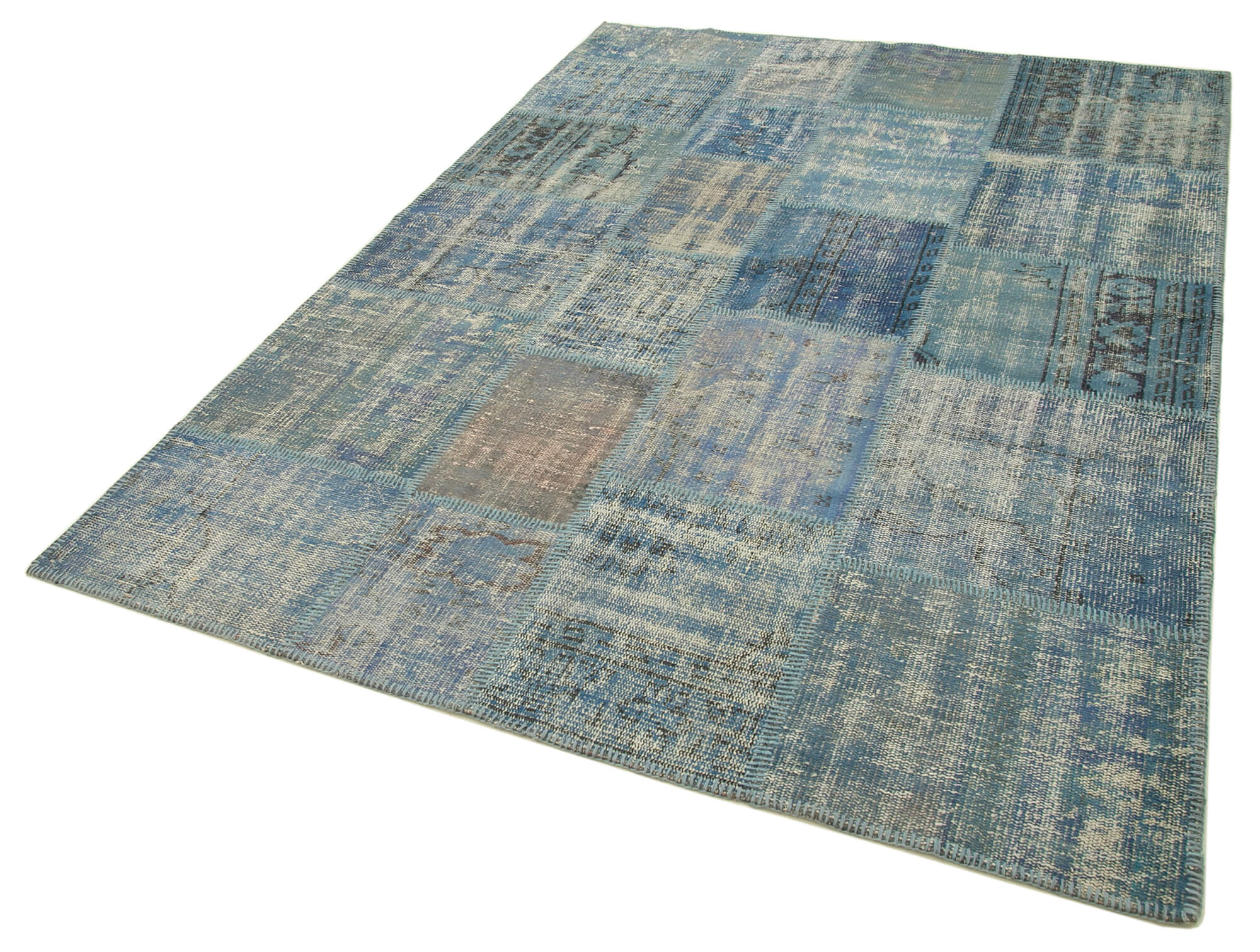 Handmade Patchwork Rug - Blue Cotton Wool Area Rug 5'9''x8'0'' Artisan Woven Carpet