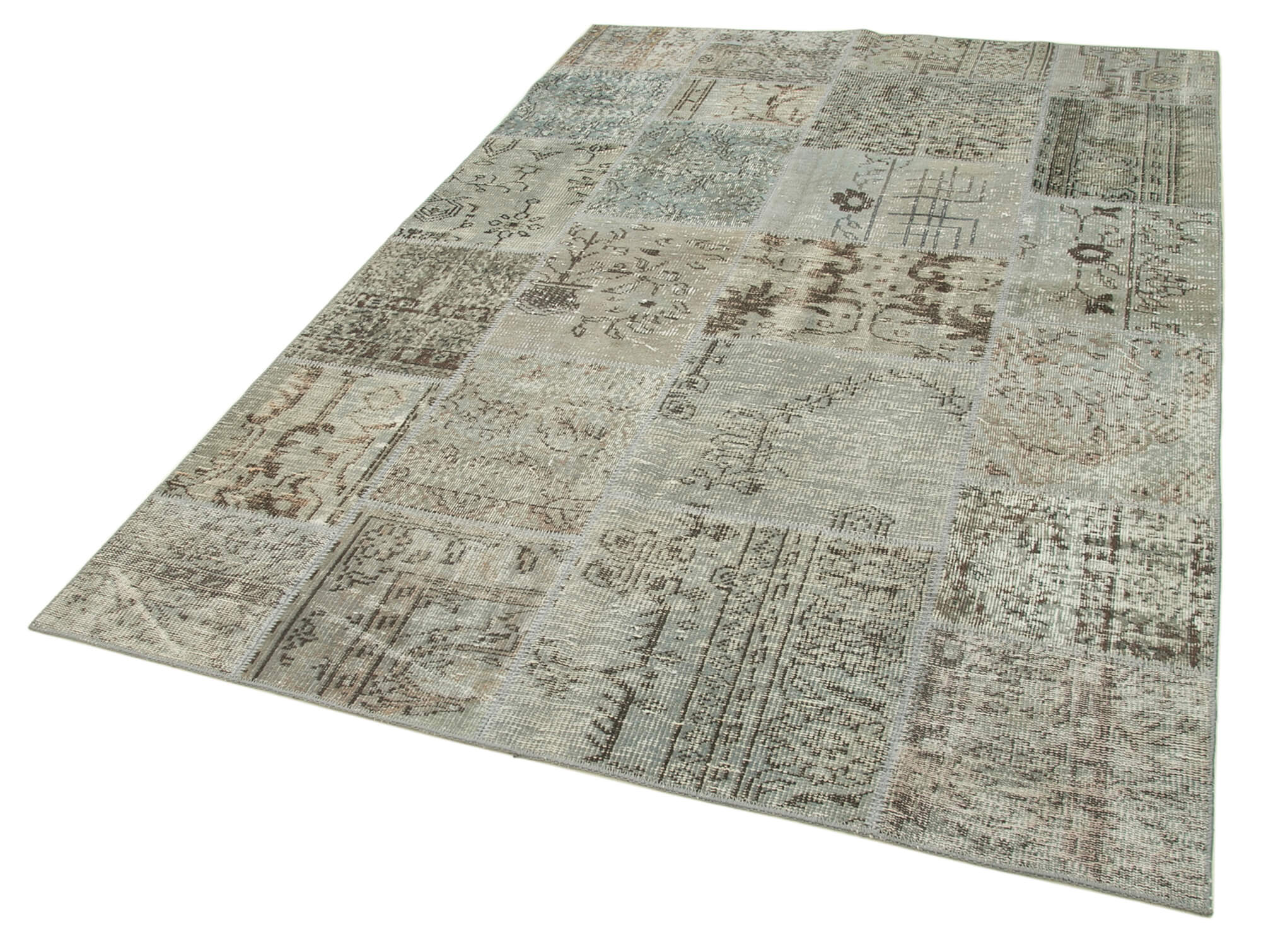 Handmade Patchwork Rug - Kirk Yama Grey Cotton Wool Vintage Area Carpet 5'6"x7'11"