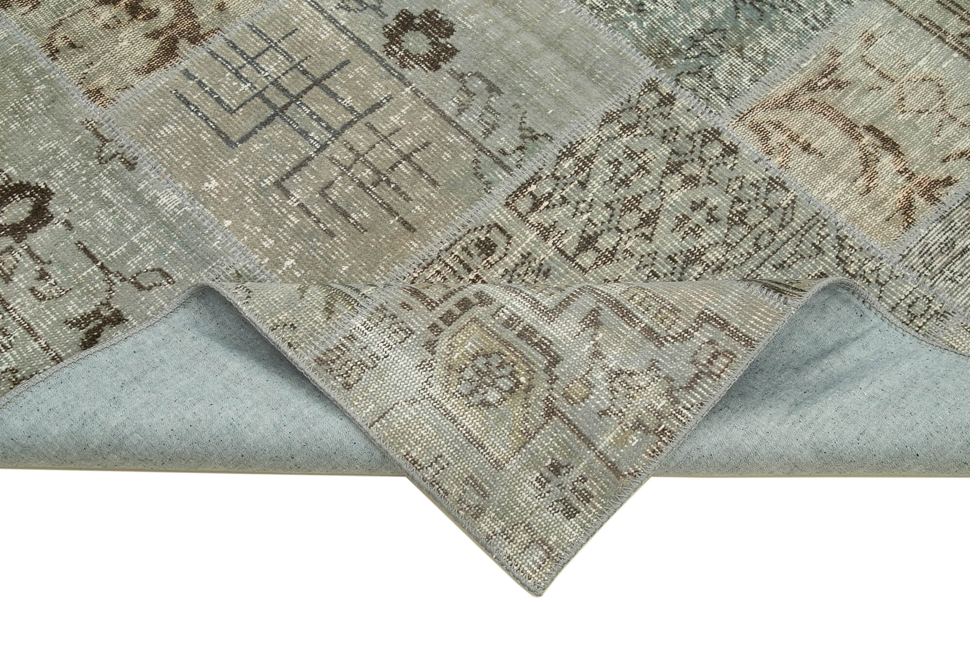 Handmade Patchwork Rug - Kirk Yama Grey Cotton Wool Vintage Area Carpet 5'6"x7'11"