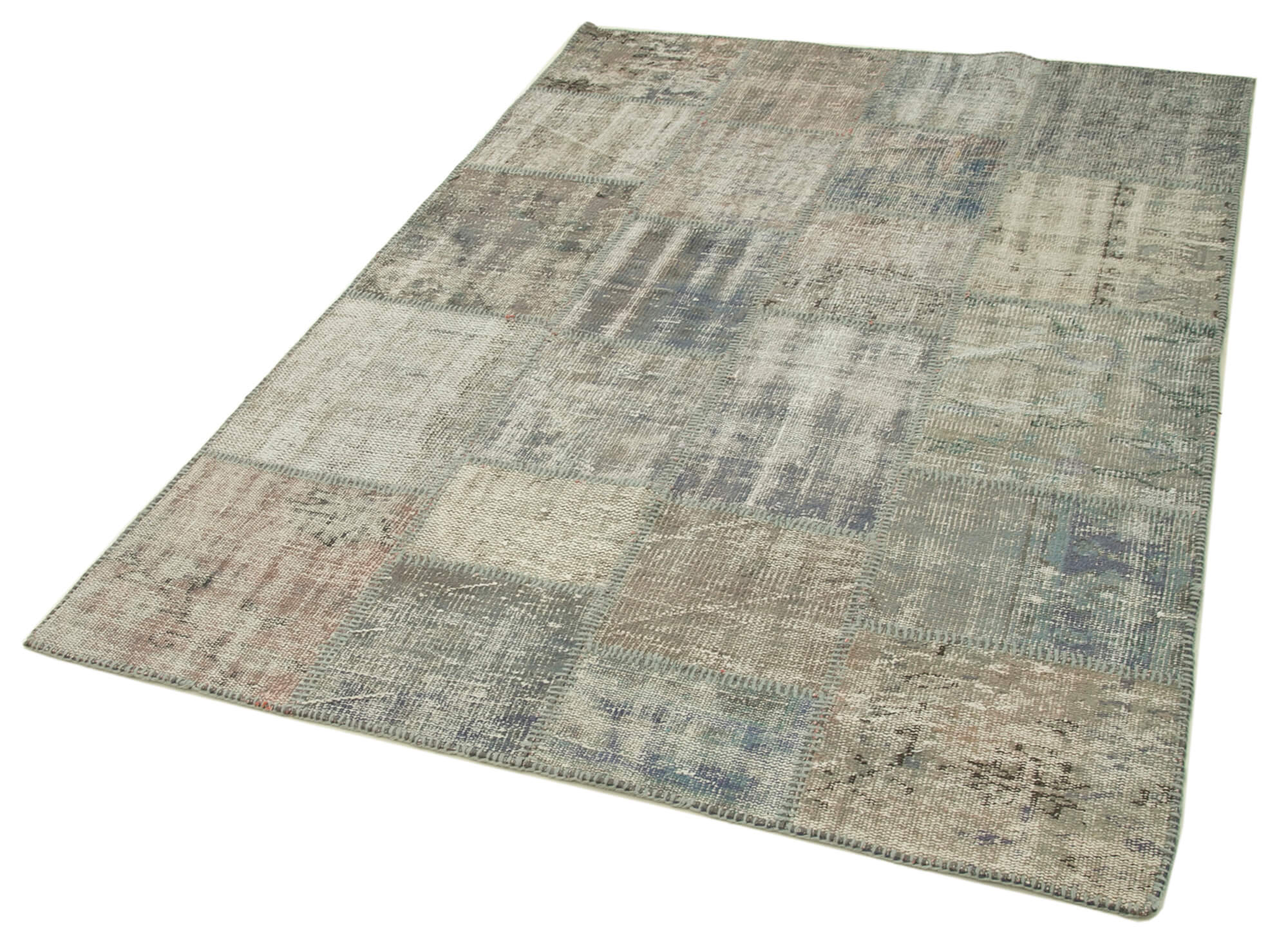 Handmade Patchwork Rug - Kirk Yama Grey Cotton Wool Vintage Area Carpet 4'8" x 6'8"