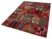 Handmade Wool Area Rug - Kirk Yama Red Patchwork Carpet, Soft Cotton Wool Rug 4'10"x6'10"
