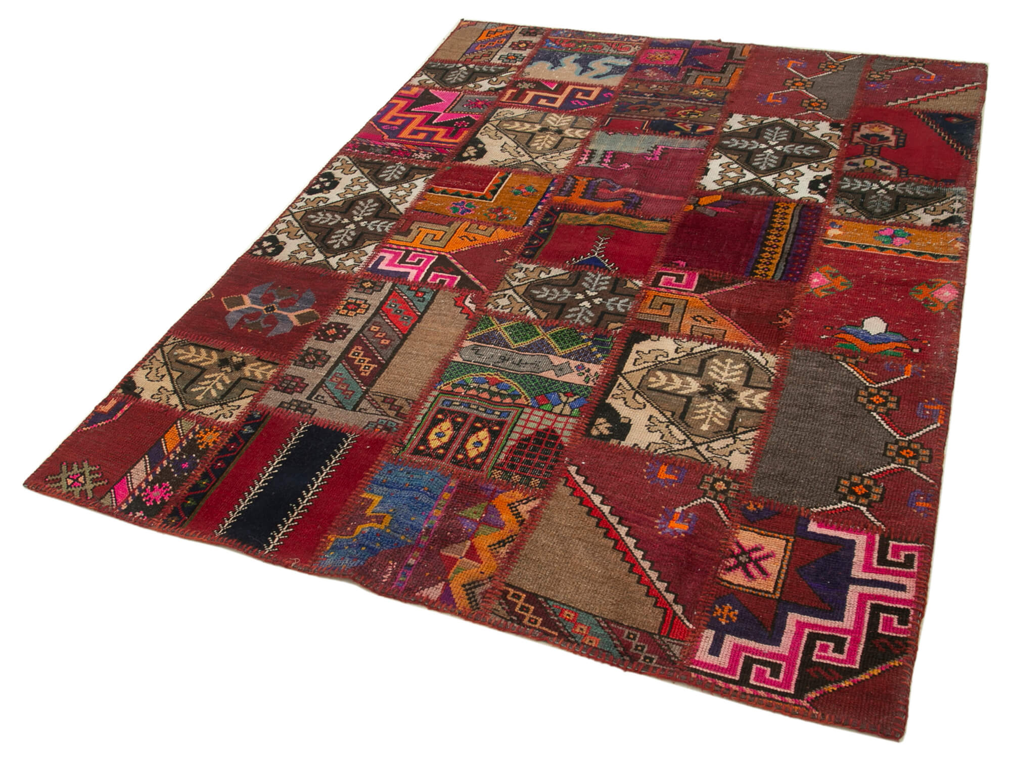 Handmade Wool Area Rug - Kirk Yama Red Patchwork Carpet, Soft Cotton Wool Rug 4'10"x6'10"