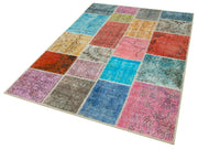 Handmade Area Rug - Blue Patchwork Wool Cotton Carpet, Vintage Turkish Style 4'9''x6'9''