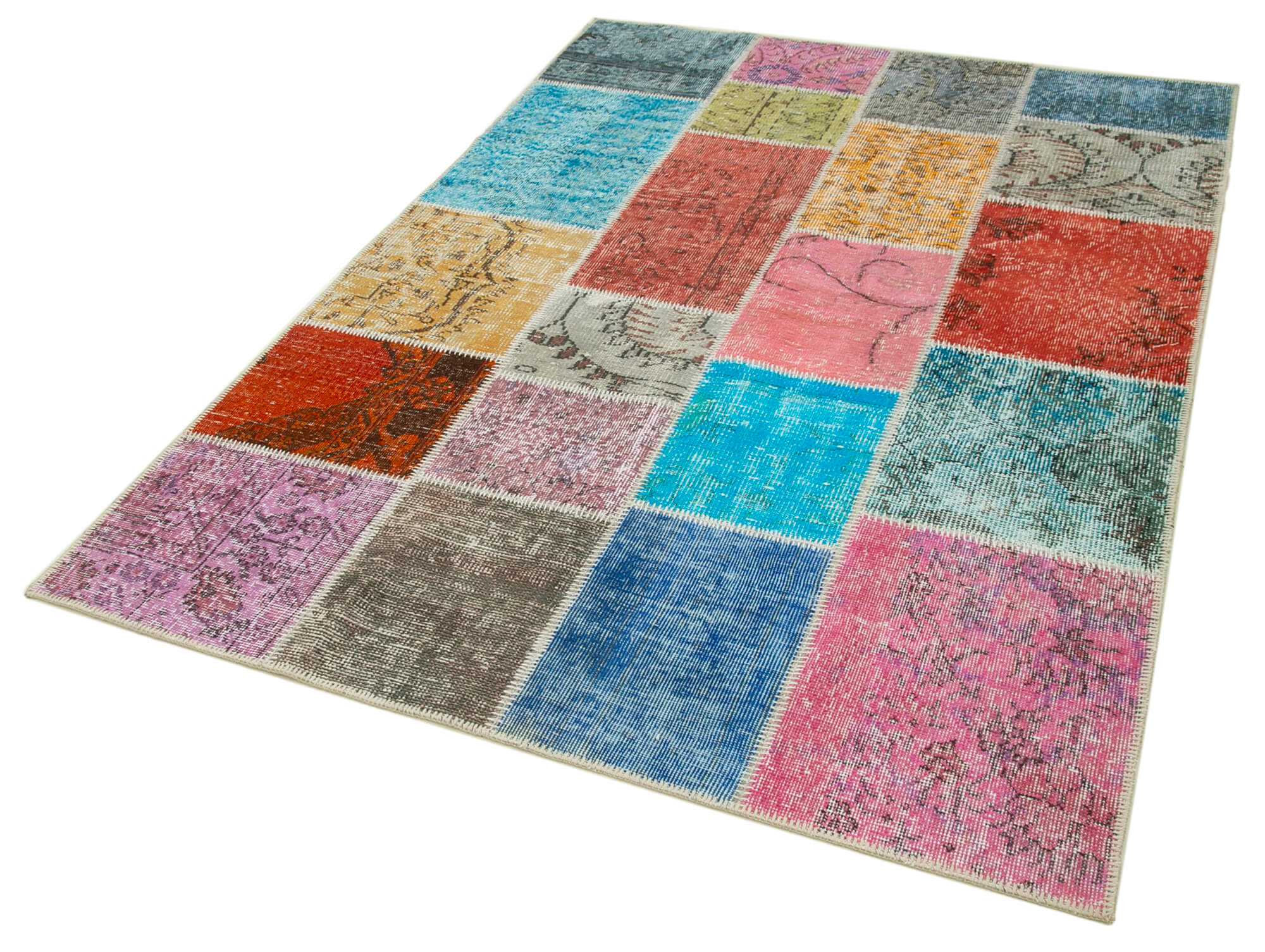 Handmade Area Rug - Blue Patchwork Wool Cotton Carpet, Vintage Turkish Style 4'9''x6'9''