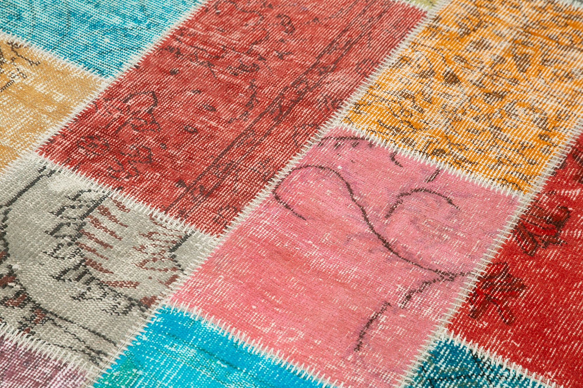 Handmade Area Rug - Blue Patchwork Wool Cotton Carpet, Vintage Turkish Style 4'9''x6'9''