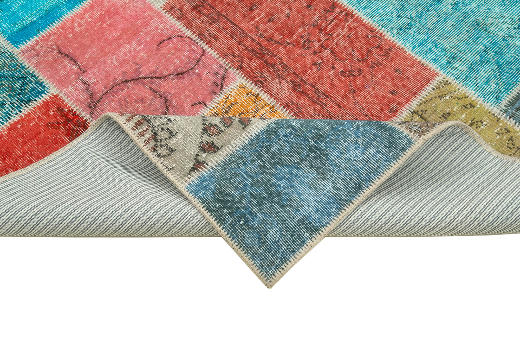 Handmade Area Rug - Blue Patchwork Wool Cotton Carpet, Vintage Turkish Style 4'9''x6'9''