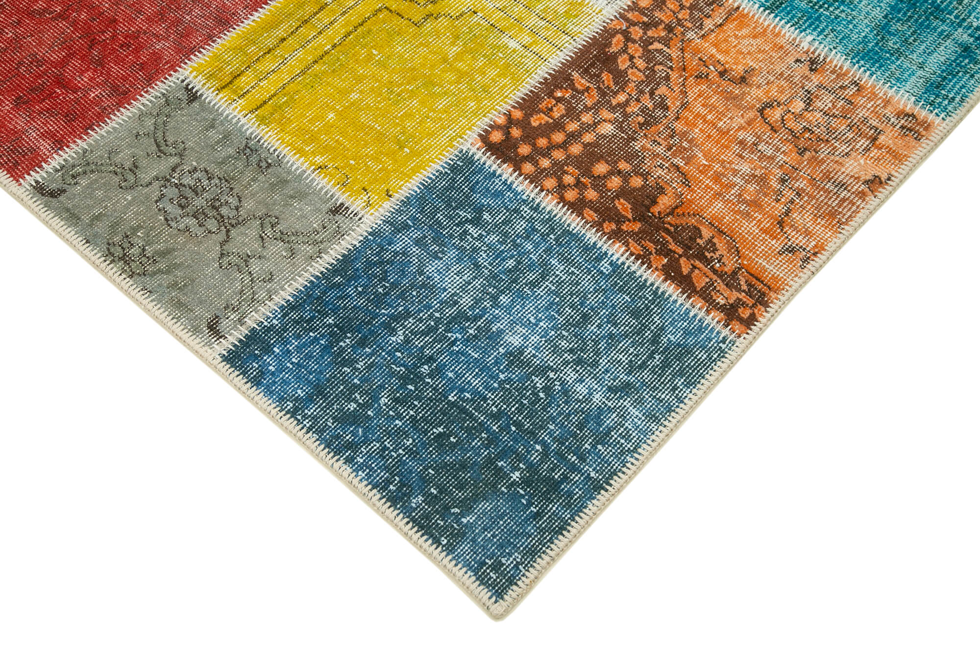 Handmade Area Rug - Blue Patchwork Cotton Wool Vintage Woven Carpet 4'9''x6'10''