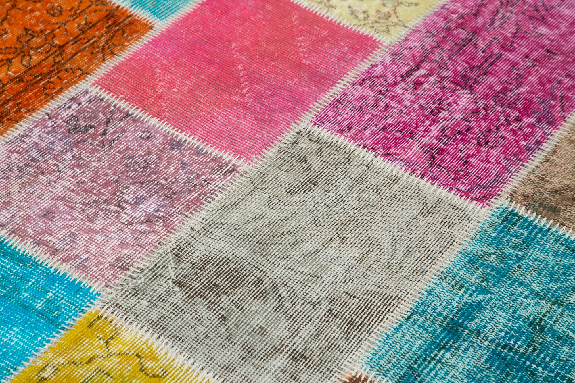 Handmade Area Rug - Blue Patchwork Cotton Wool Vintage Woven Carpet 4'9''x6'10''