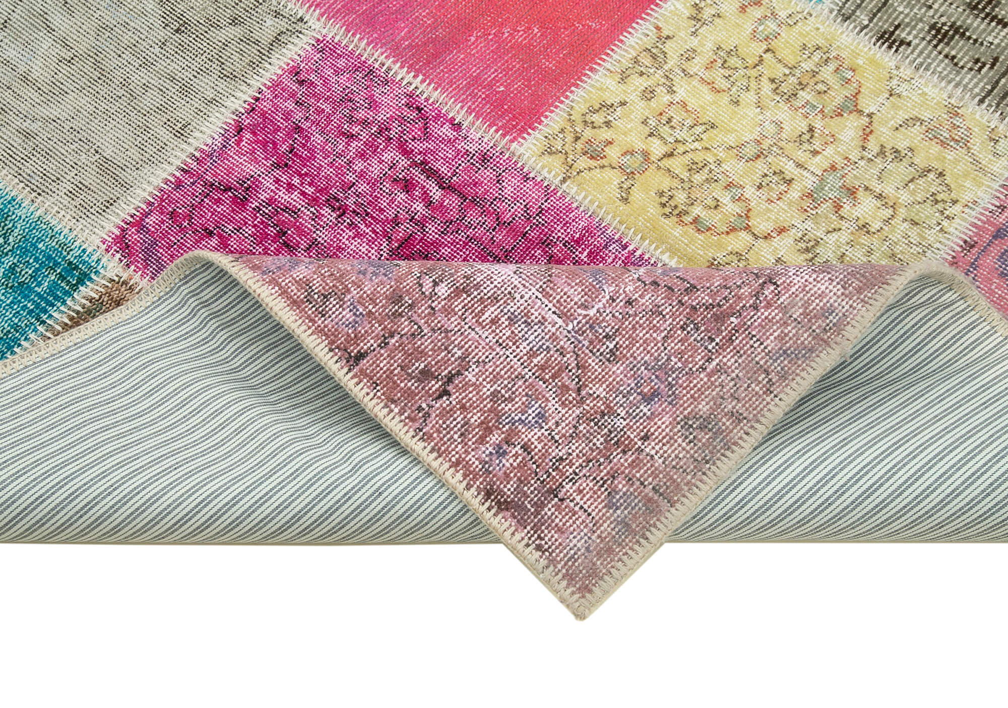 Handmade Area Rug - Blue Patchwork Cotton Wool Vintage Woven Carpet 4'9''x6'10''