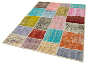 Handmade Patchwork Rug - Blue Area Rug Cotton Wool 4'9''x6'7'' Durable Turkish Wool