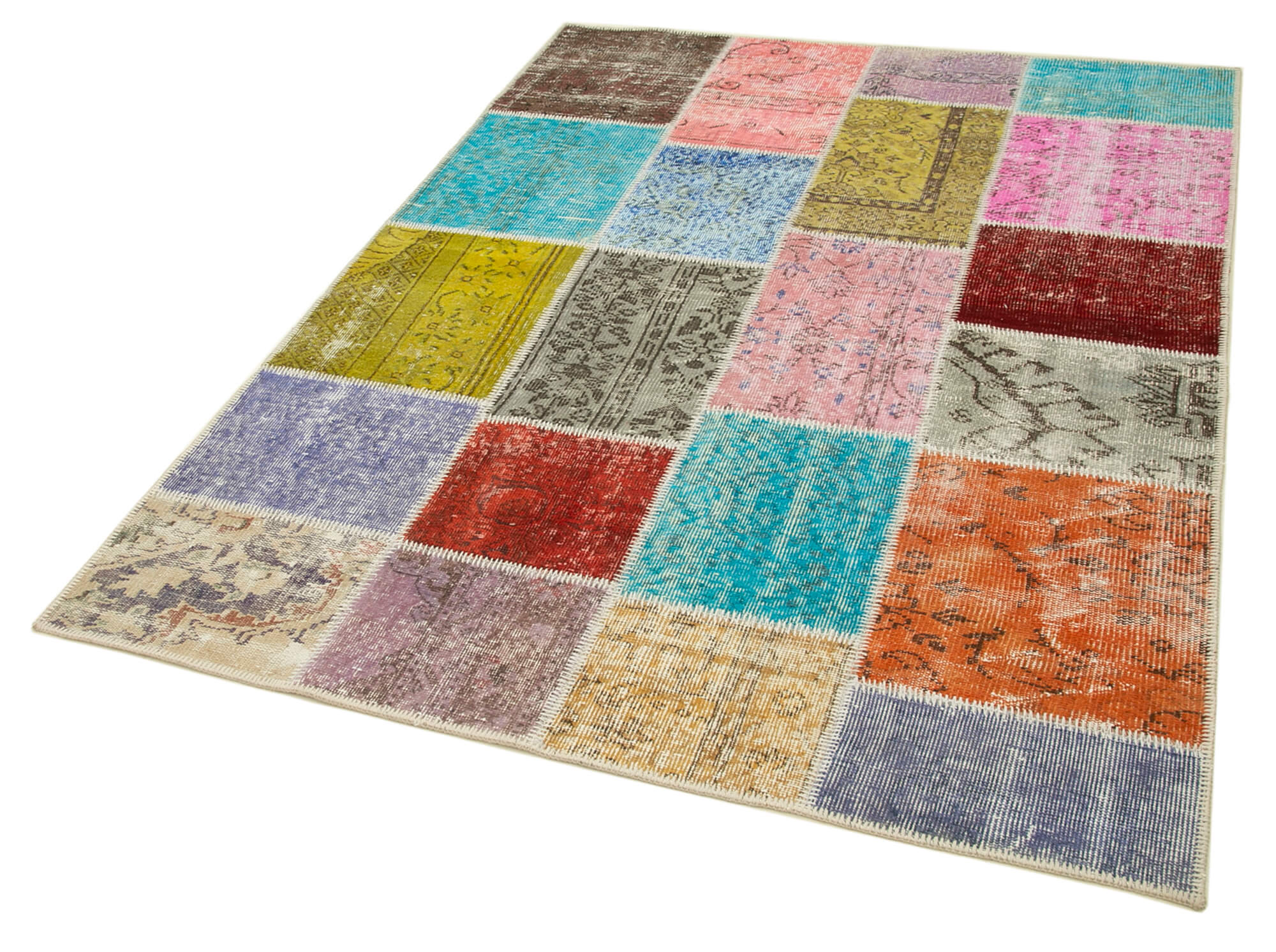 Handmade Patchwork Rug - Blue Area Rug Cotton Wool 4'9''x6'7'' Durable Turkish Wool