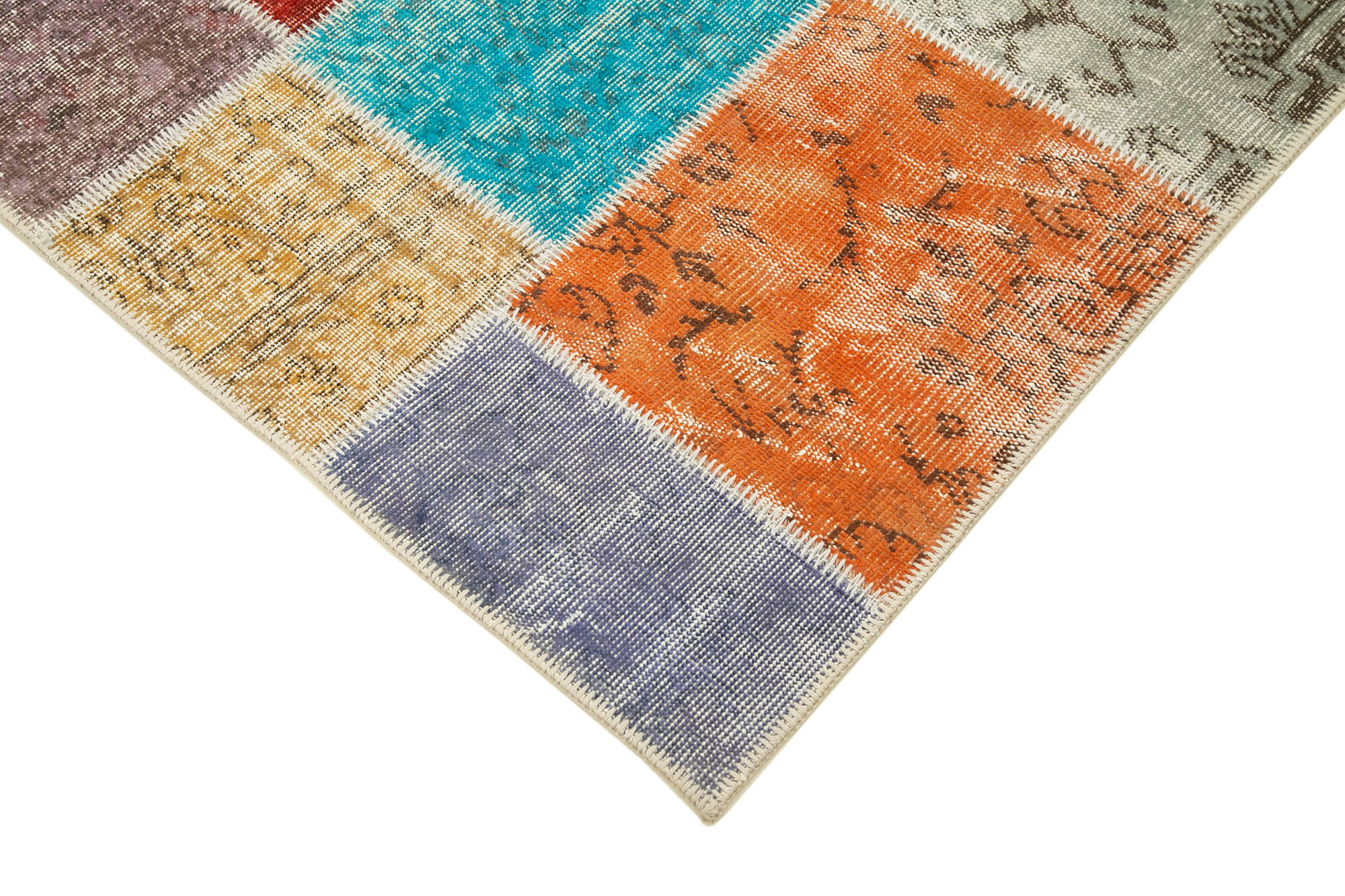 Handmade Patchwork Rug - Blue Area Rug Cotton Wool 4'9''x6'7'' Durable Turkish Wool