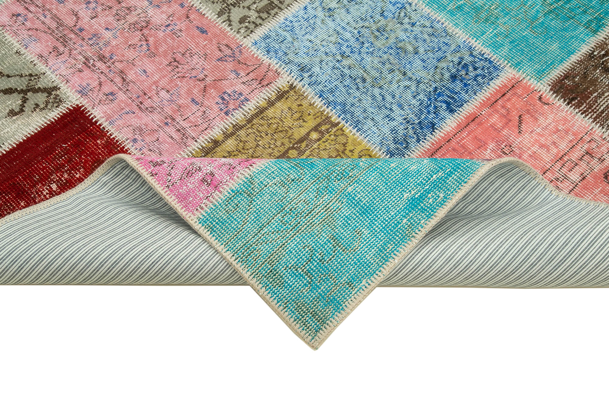 Handmade Patchwork Rug - Blue Area Rug Cotton Wool 4'9''x6'7'' Durable Turkish Wool