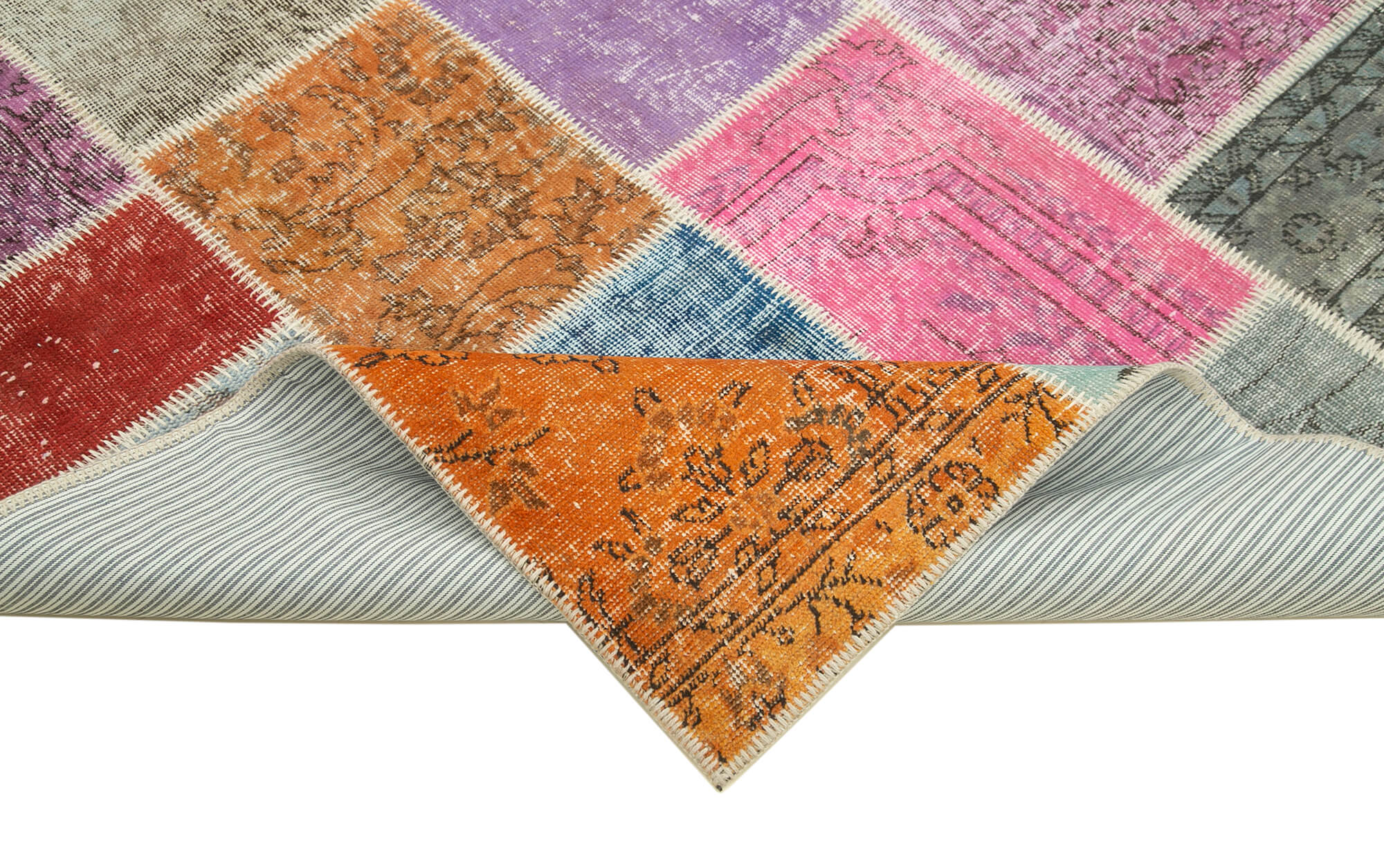 Handmade Area Rug - Blue Patchwork Cotton Wool Vintage Handwoven Carpet 4'9''x6'7''