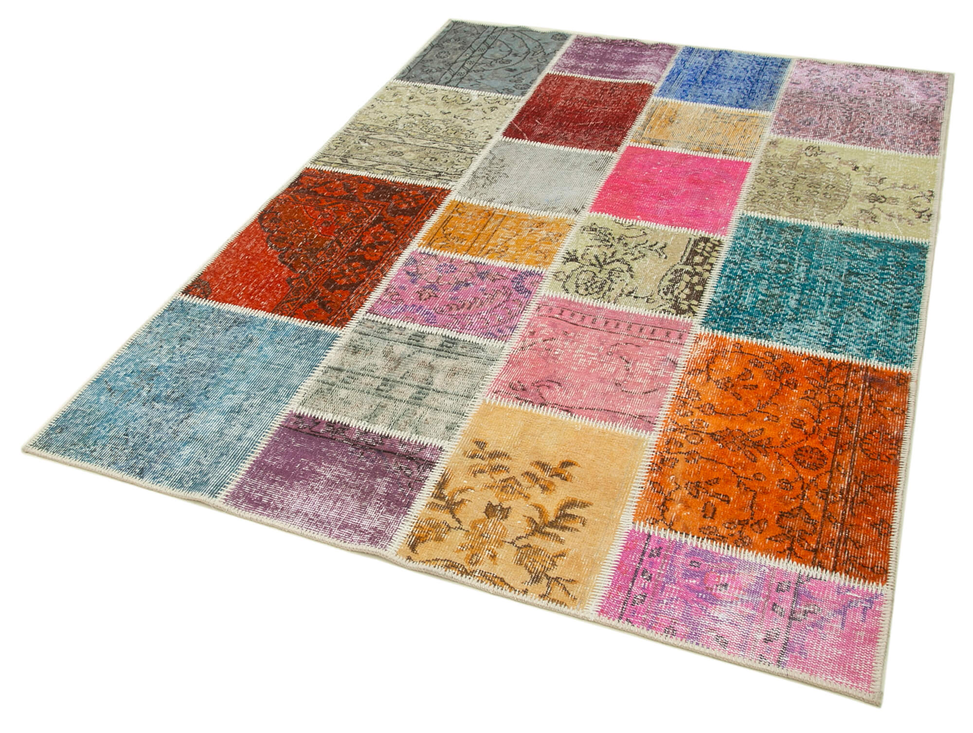 Handmade Area Rug - Blue Patchwork Wool Cotton Carpet 4'10''x6'8'' for Living Room