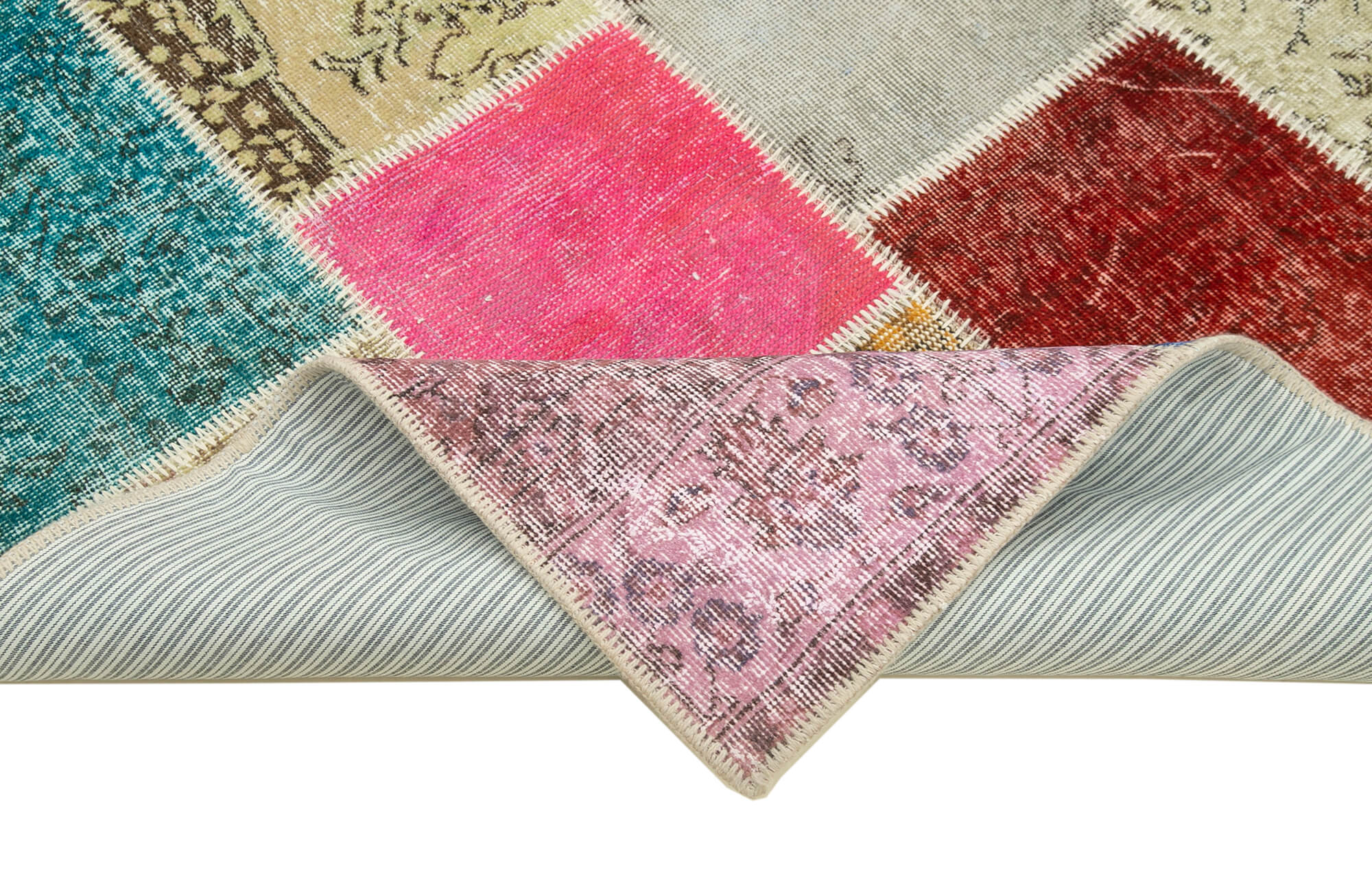 Handmade Area Rug - Blue Patchwork Wool Cotton Carpet 4'10''x6'8'' for Living Room