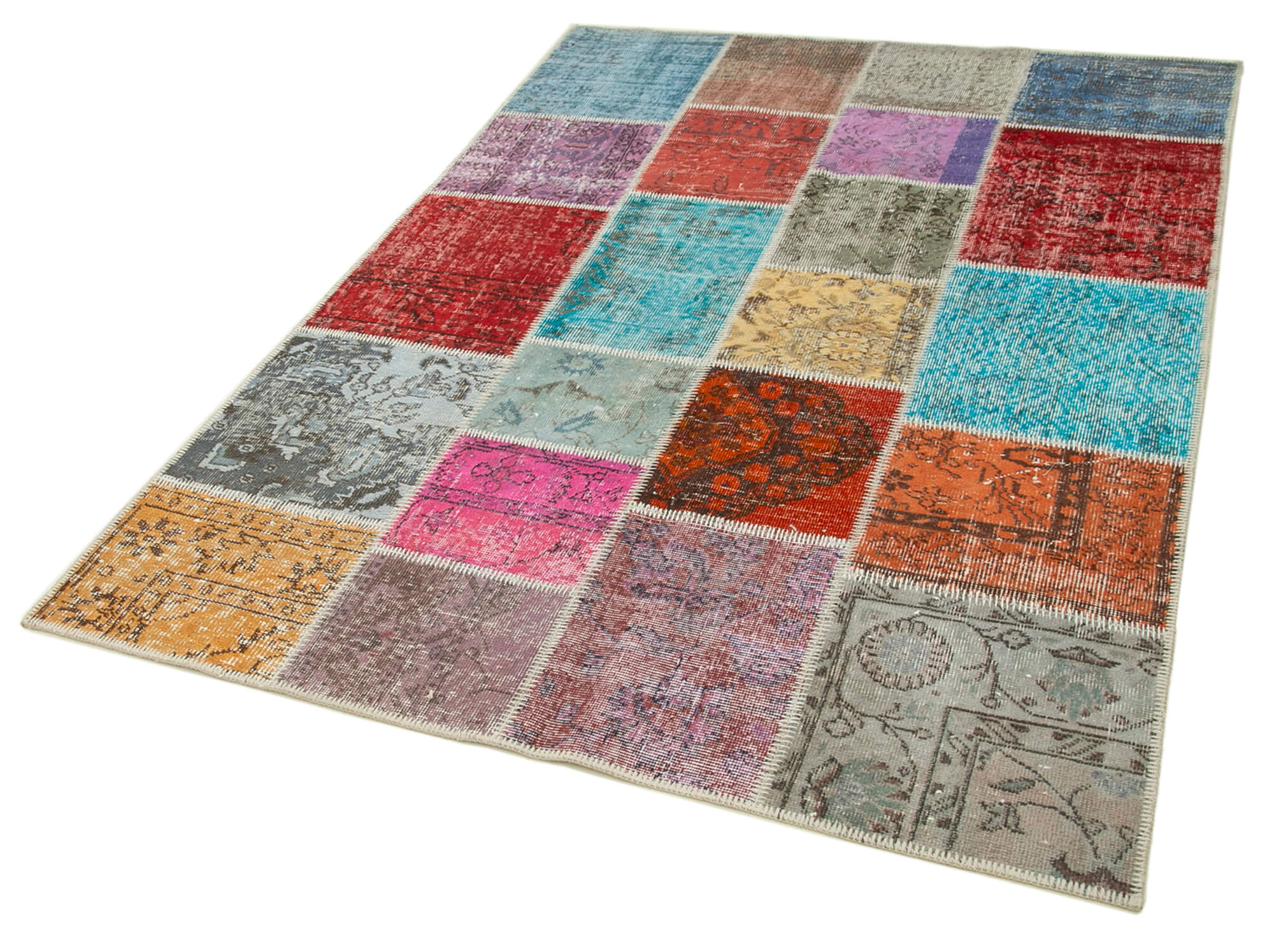 Handmade Area Rug - Blue Patchwork Cotton Wool Carpet | Artisan Crafted Vintage Turkish Rug 4'8''x6'9''