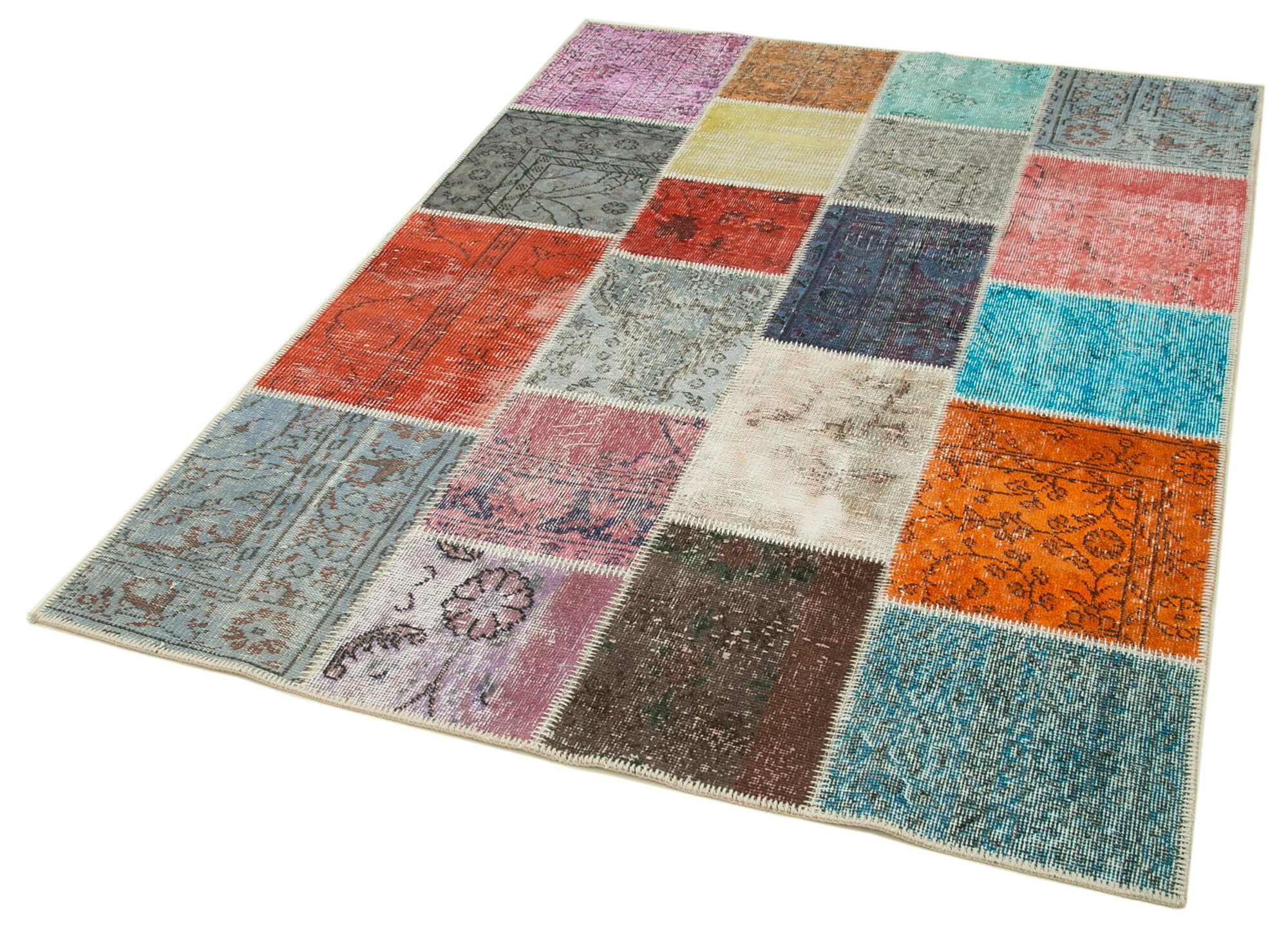 Handmade Area Rug - Blue Patchwork Cotton Wool Vintage Turkish Carpet 4'8" x 6'7"