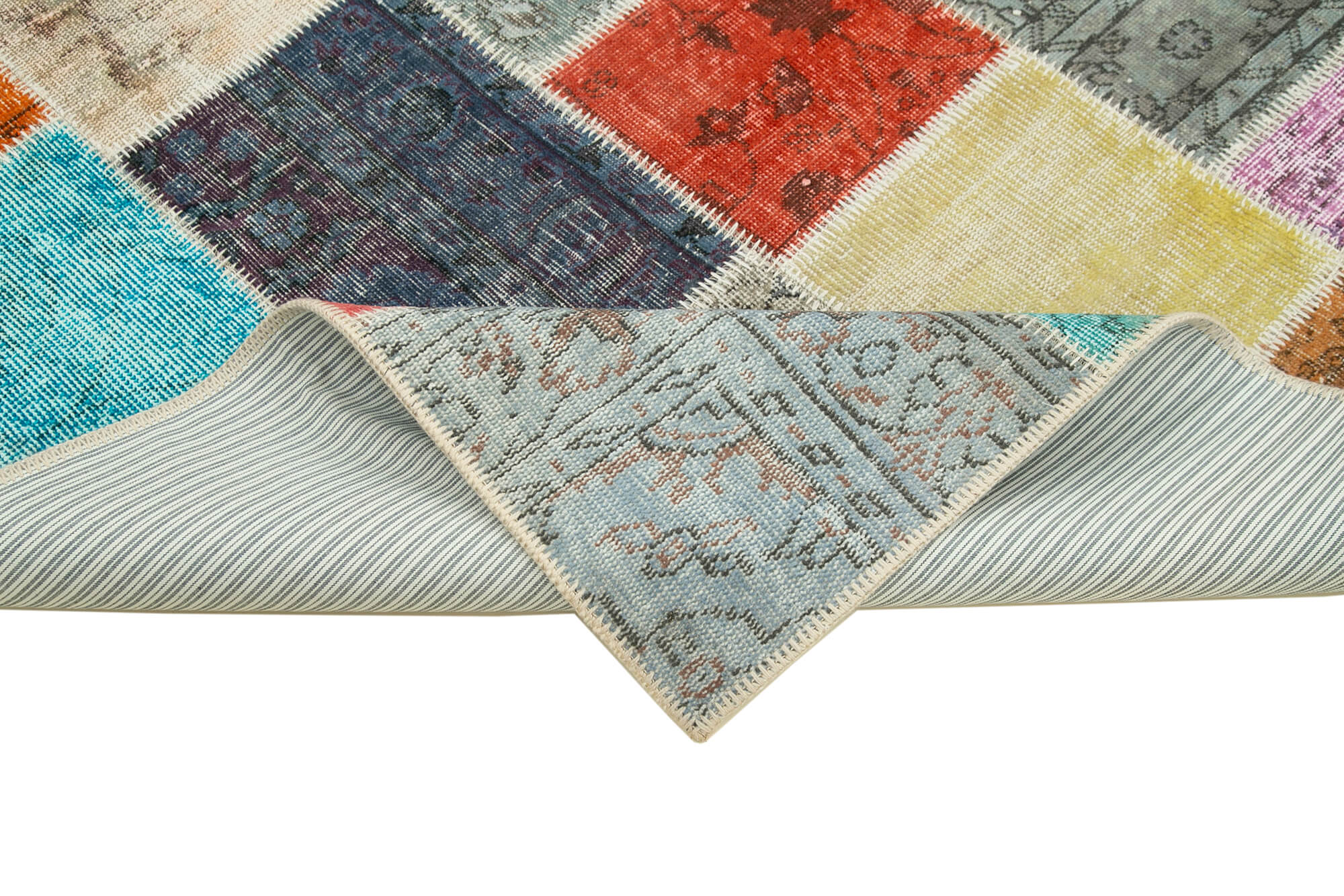 Handmade Area Rug - Blue Patchwork Cotton Wool Vintage Turkish Carpet 4'8" x 6'7"