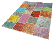 Handmade Area Rug – Blue Patchwork Vintage Cotton Wool Turkish Carpet 4'9"x6'8"