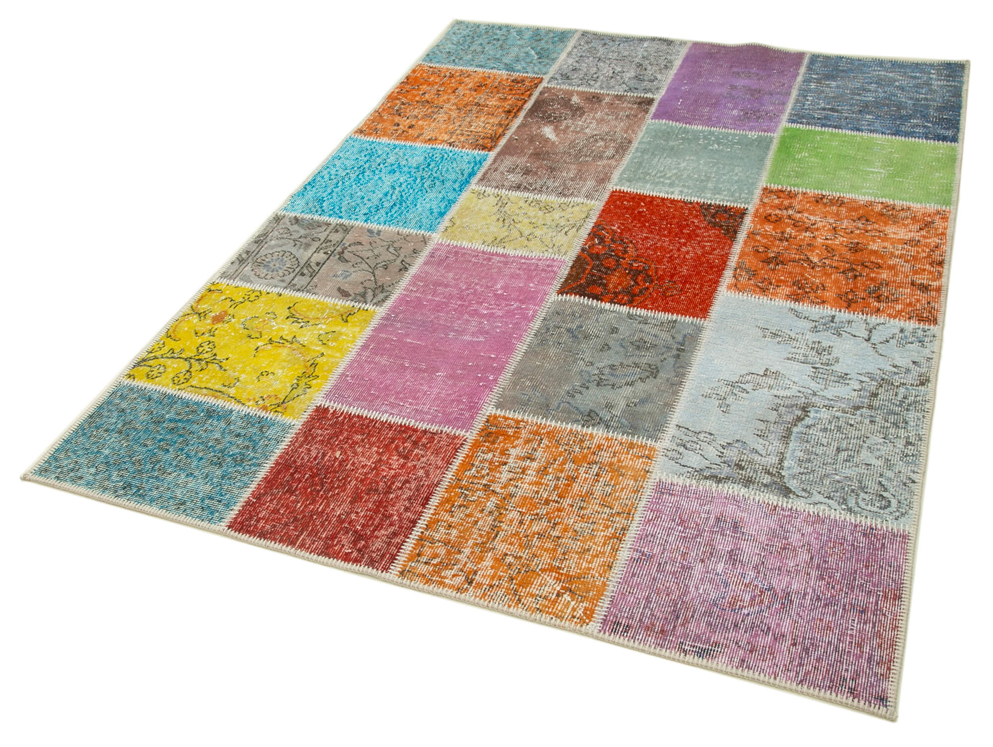 Handmade Area Rug – Blue Patchwork Vintage Cotton Wool Turkish Carpet 4'9"x6'8"