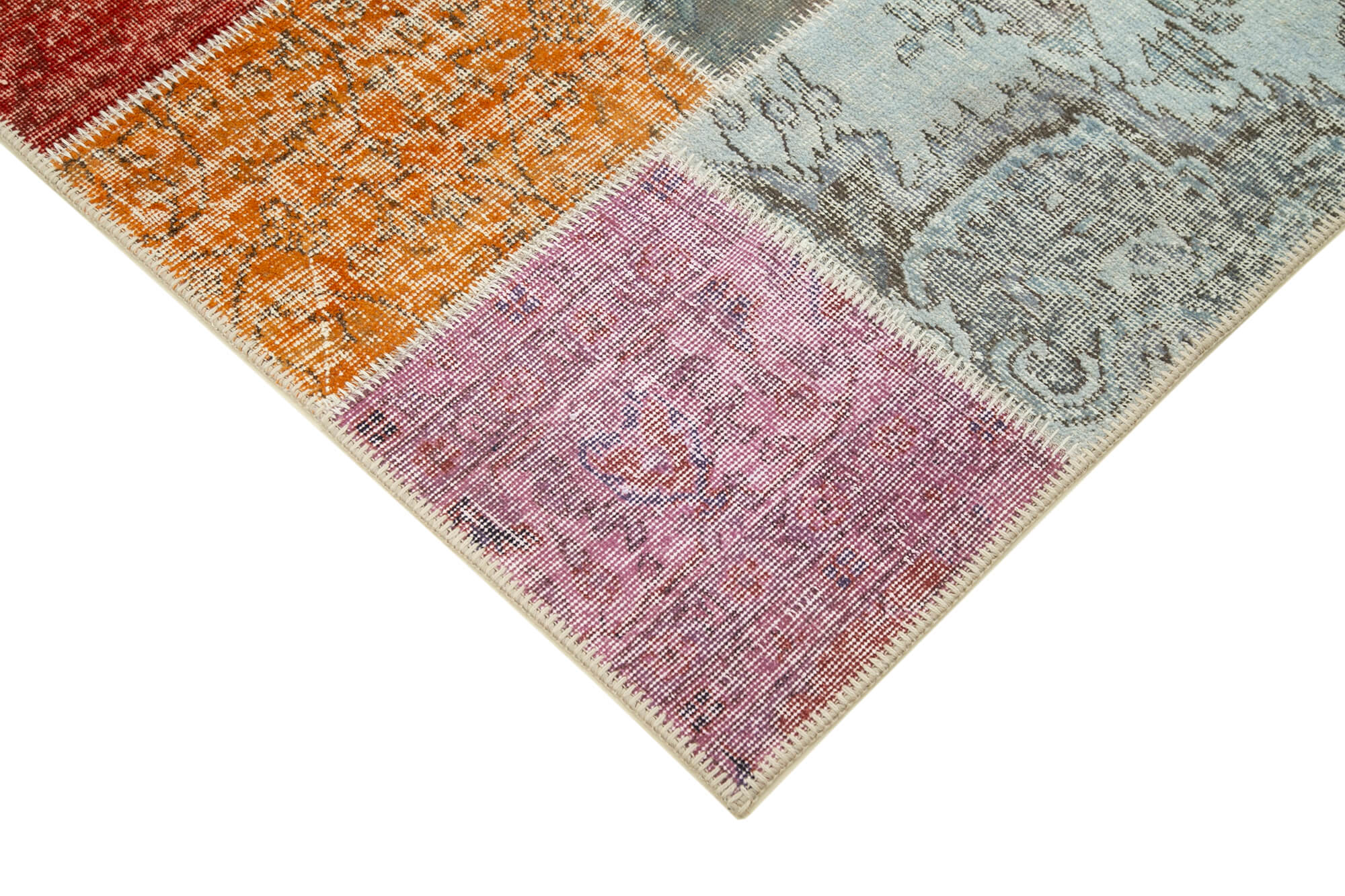 Handmade Area Rug – Blue Patchwork Vintage Cotton Wool Turkish Carpet 4'9"x6'8"