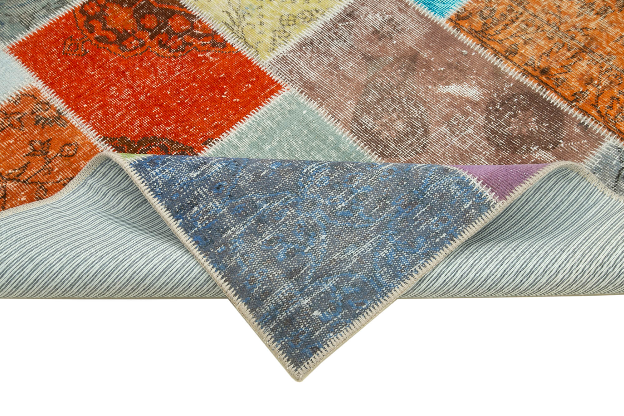 Handmade Area Rug – Blue Patchwork Vintage Cotton Wool Turkish Carpet 4'9"x6'8"