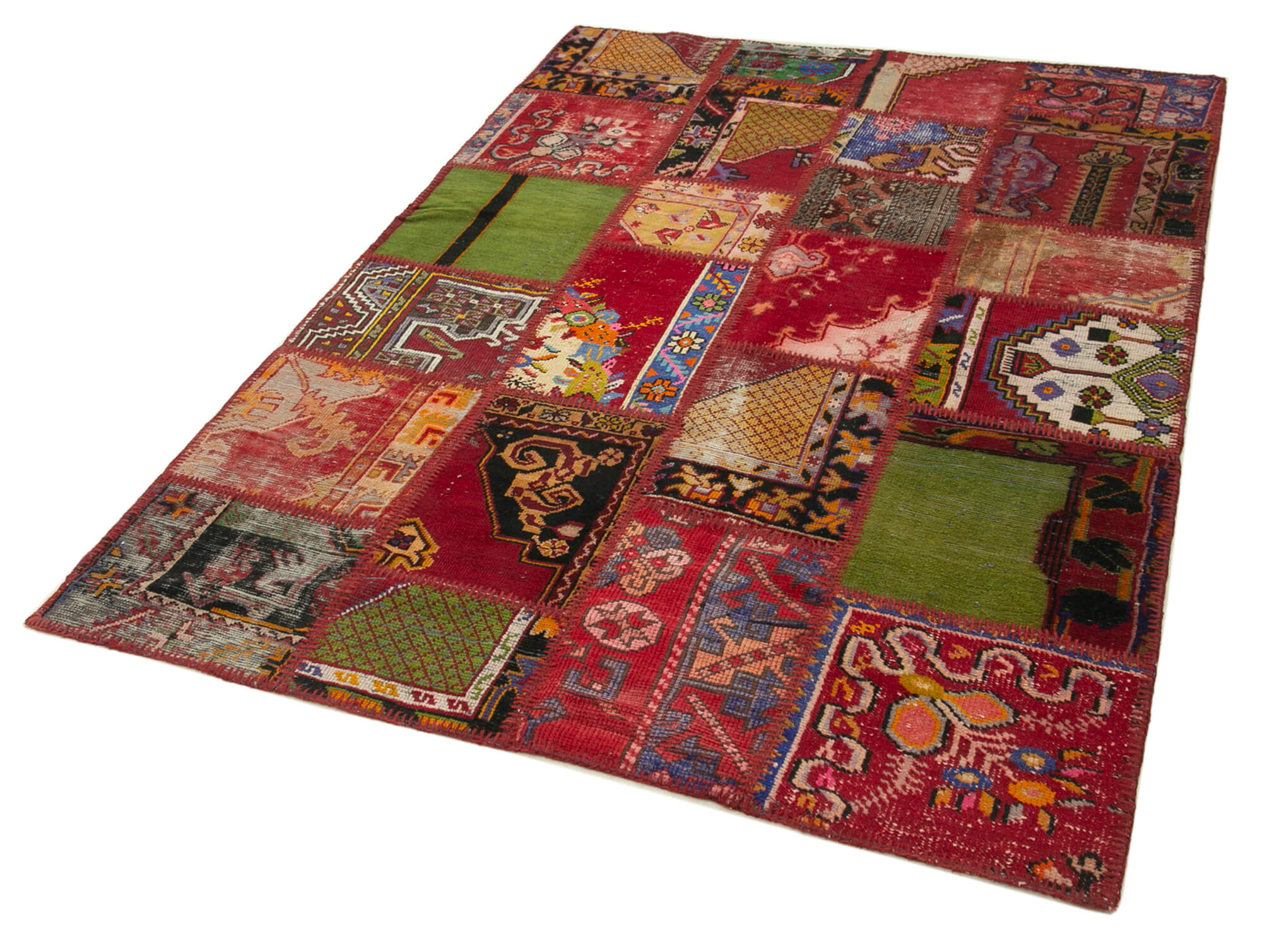 Handmade Area Rug - Red Patchwork Cotton Wool Vintage Turkish Carpet 4'6''x6'8''