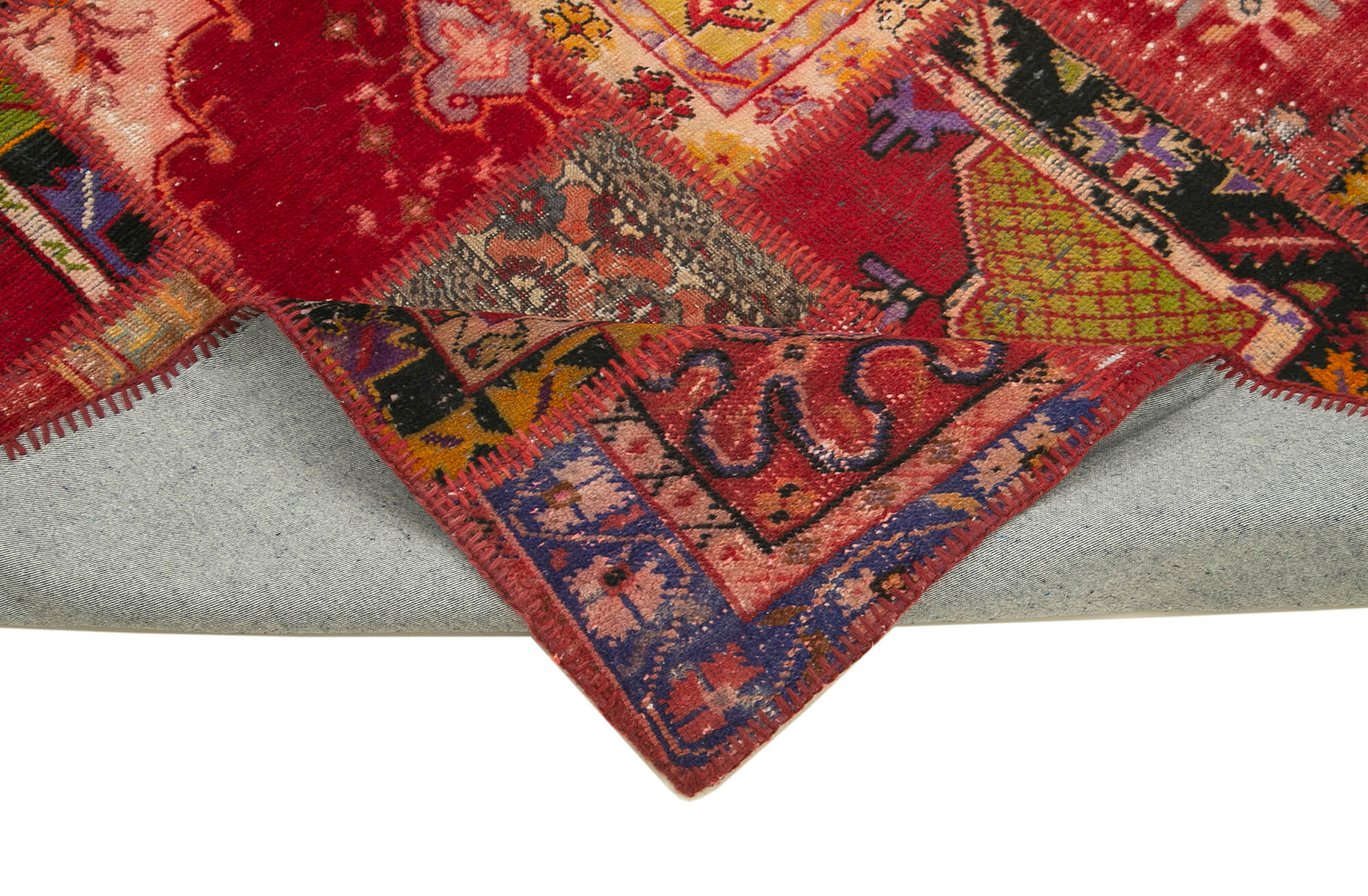 Handmade Area Rug - Red Patchwork Cotton Wool Vintage Turkish Carpet 4'6''x6'8''
