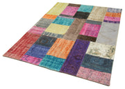 Handmade Area Rug - Blue Patchwork Cotton Wool Vintage Turkish Carpet 4'8"x6'7"