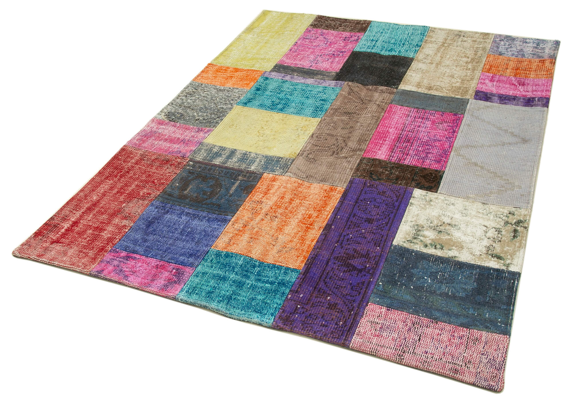 Handmade Area Rug - Blue Patchwork Cotton Wool Vintage Turkish Carpet 4'8"x6'7"
