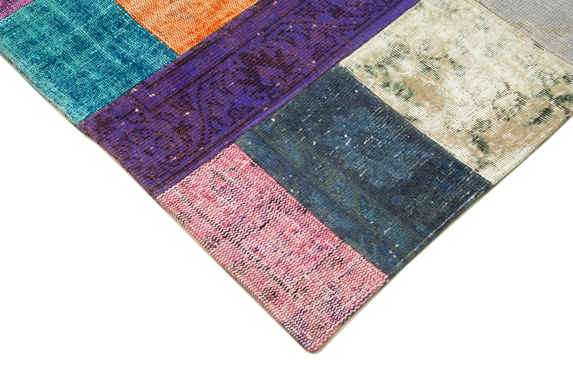 Handmade Area Rug - Blue Patchwork Cotton Wool Vintage Turkish Carpet 4'8"x6'7"
