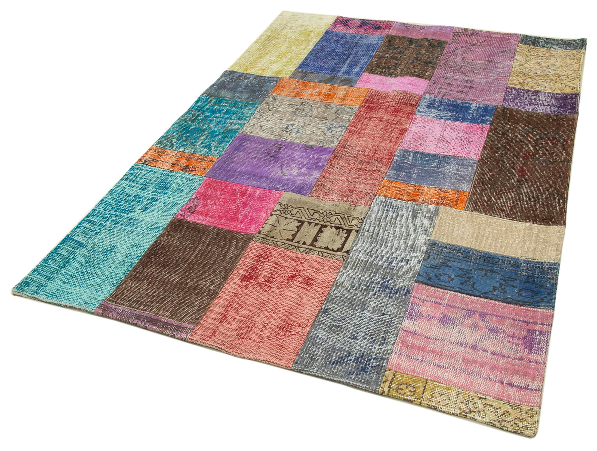 Handmade Patchwork Rug - Blue Patchwork Carpet Cotton Wool Vintage Area Rug 4'8"x6'8"