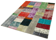 Handmade Area Rug - Blue Patchwork Wool Cotton Carpet 4'8" x 6'8" Durable Soft Texture