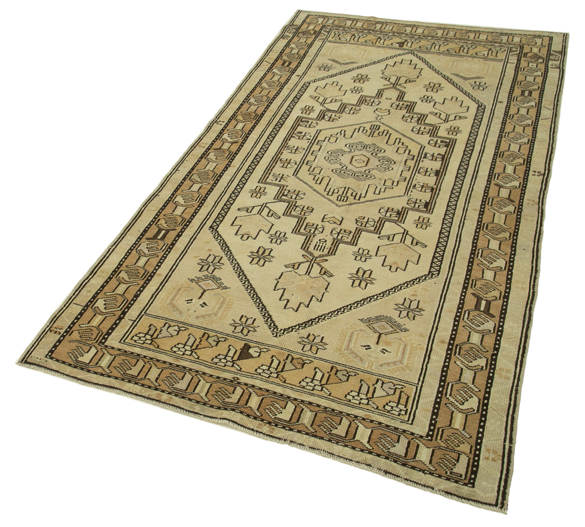 Handmade Wool Area Rug | Vintage Turkish Wool Carpet – Classic Beige Flat Weave 3'9'' x 7'3''