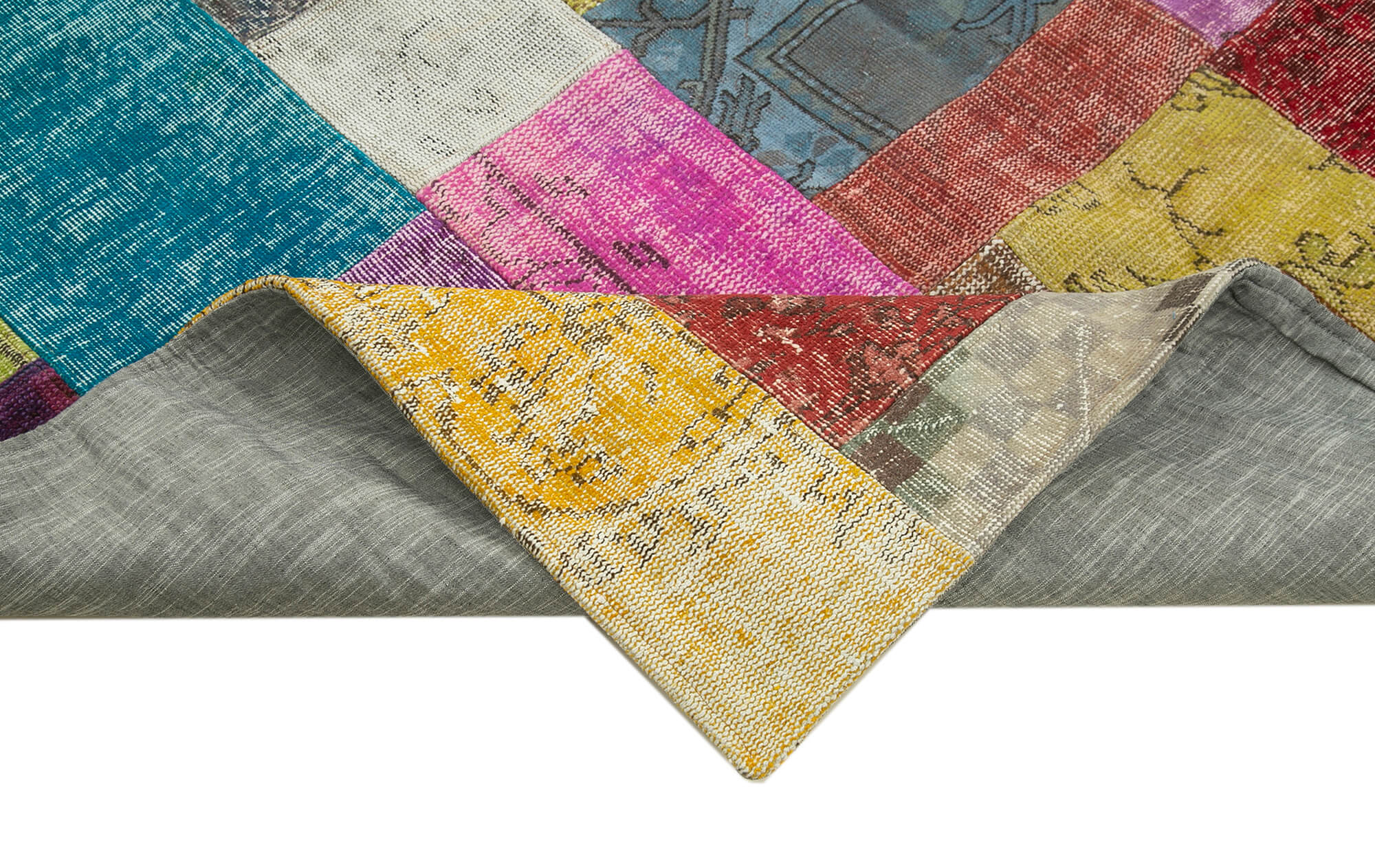 Handmade Area Rug - Blue Patchwork Cotton Wool Vintage Handwoven Carpet 6'8" x 9'11"