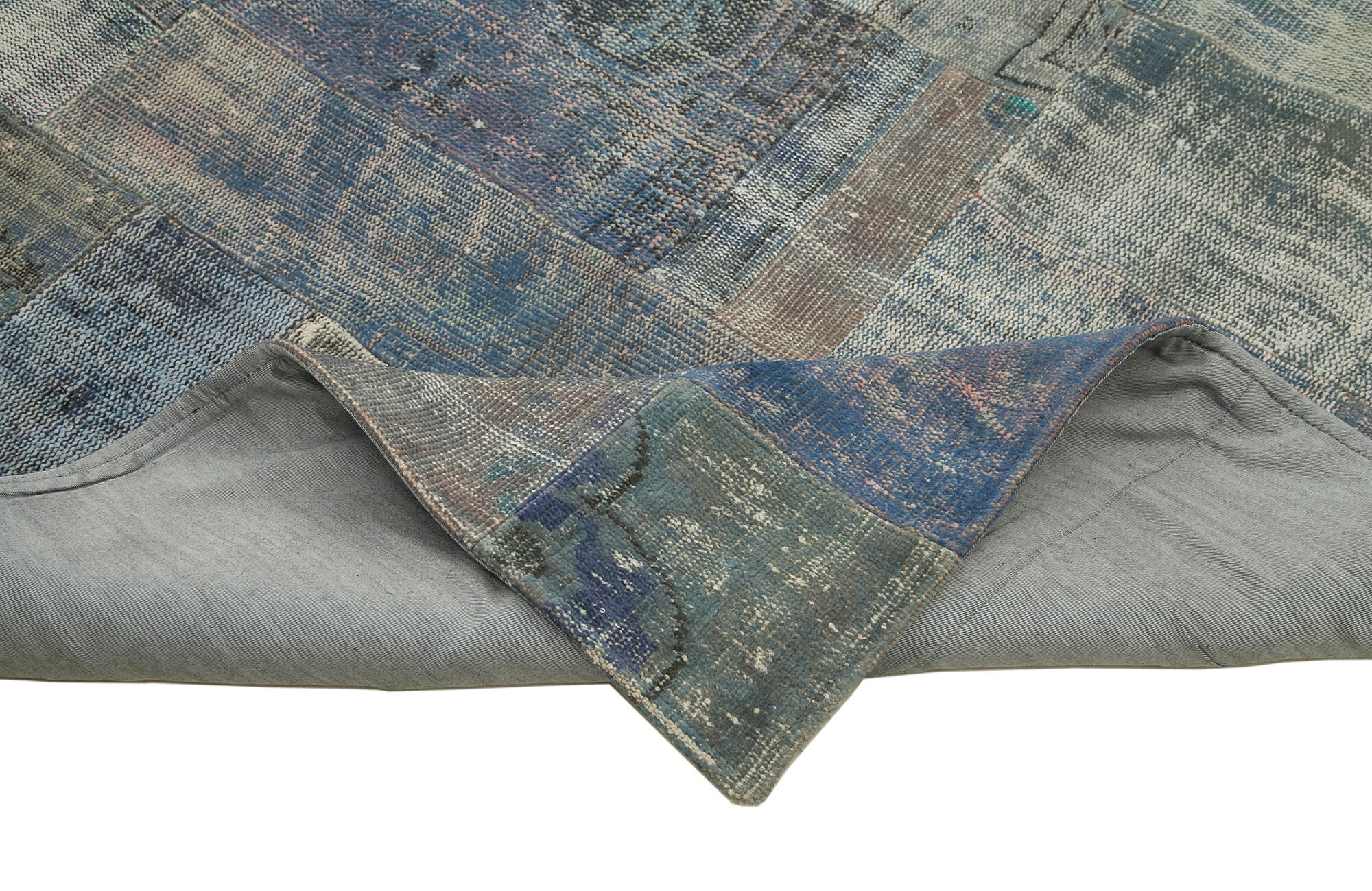 Handmade Area Rug – Blue Patchwork Style Wool Cotton Vintage Turkish Carpet 8'3"x9'11"