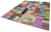 Handmade Area Rug - Blue Patchwork Cotton Wool Vintage Turkish Carpet 8x10