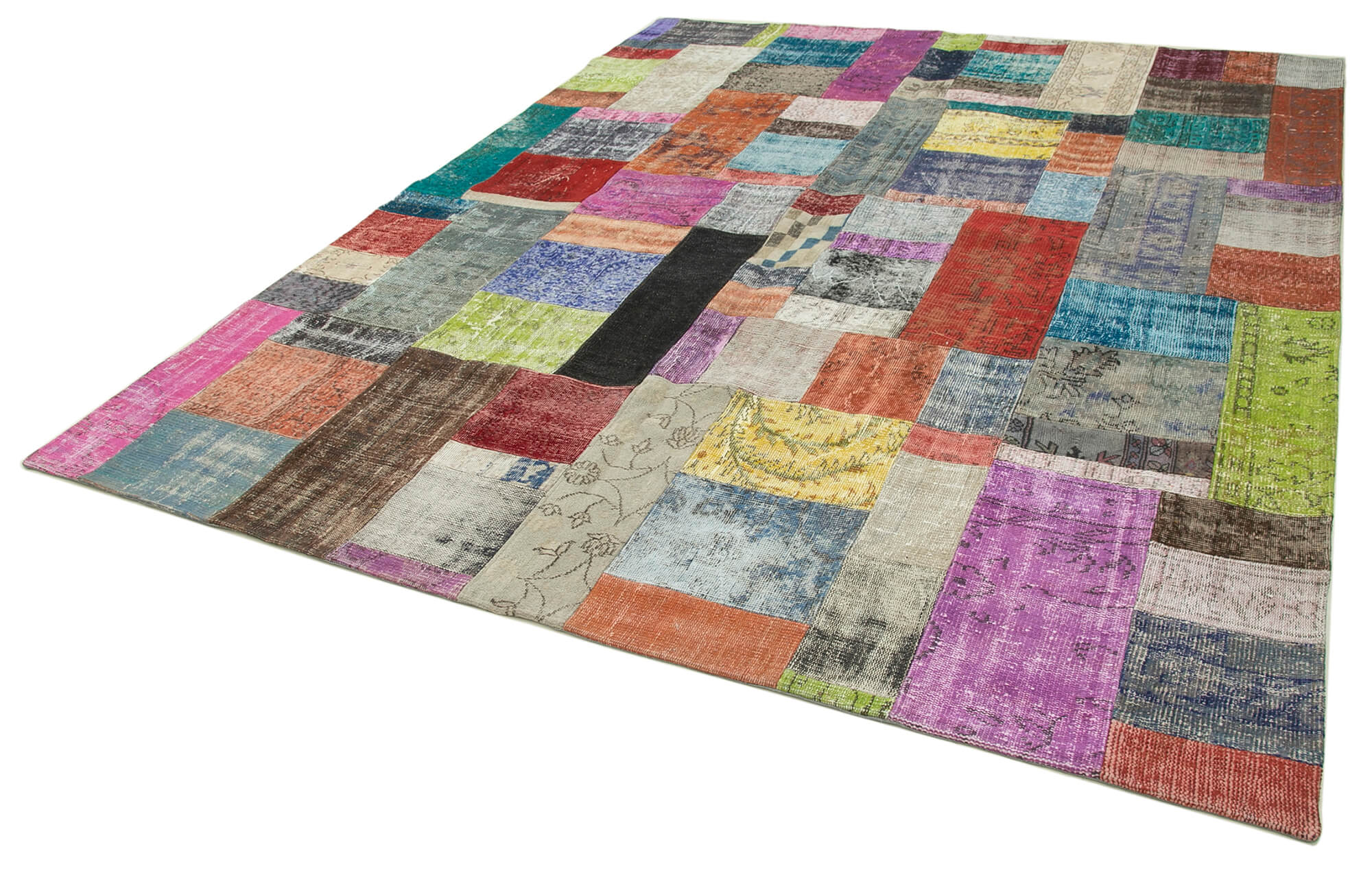 Handmade Area Rug - Blue Patchwork Cotton Wool Vintage Turkish Carpet 8x10