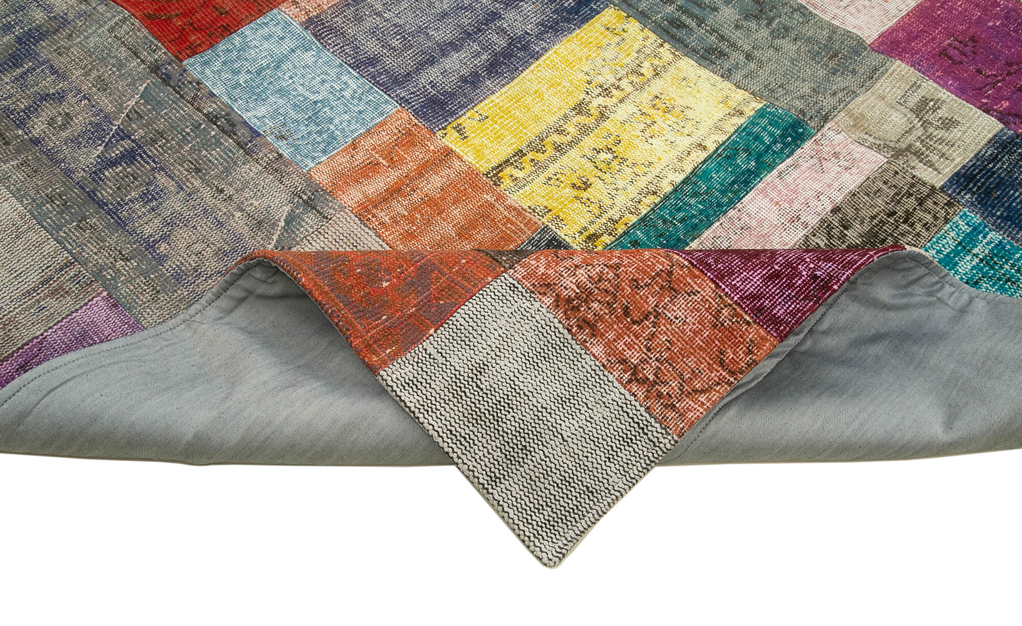 Handmade Area Rug - Blue Patchwork Cotton Wool Vintage Turkish Carpet 8x10