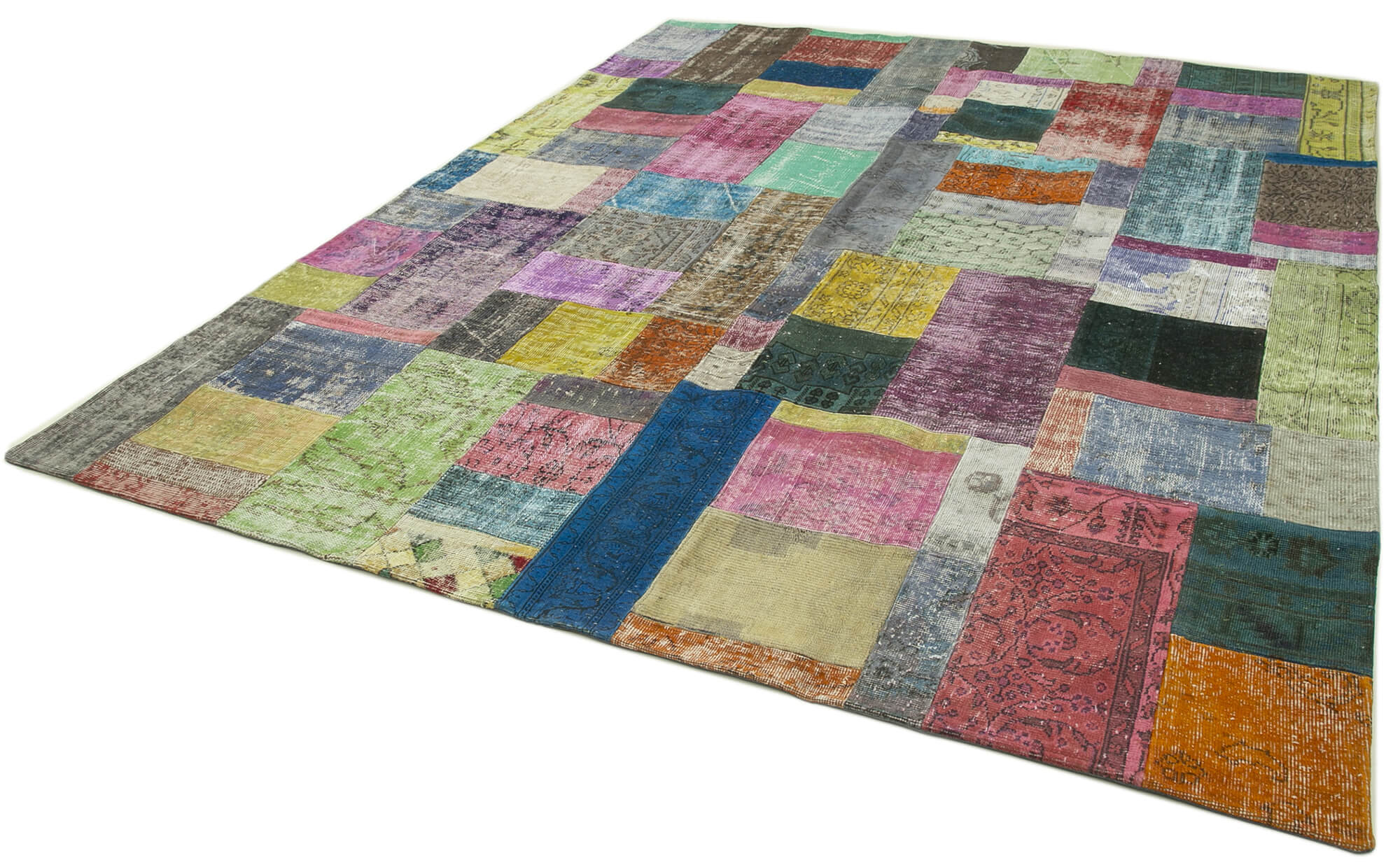 Handmade Area Rug - Blue Patchwork Cotton Wool Vintage Turkish Carpet 8'x10'