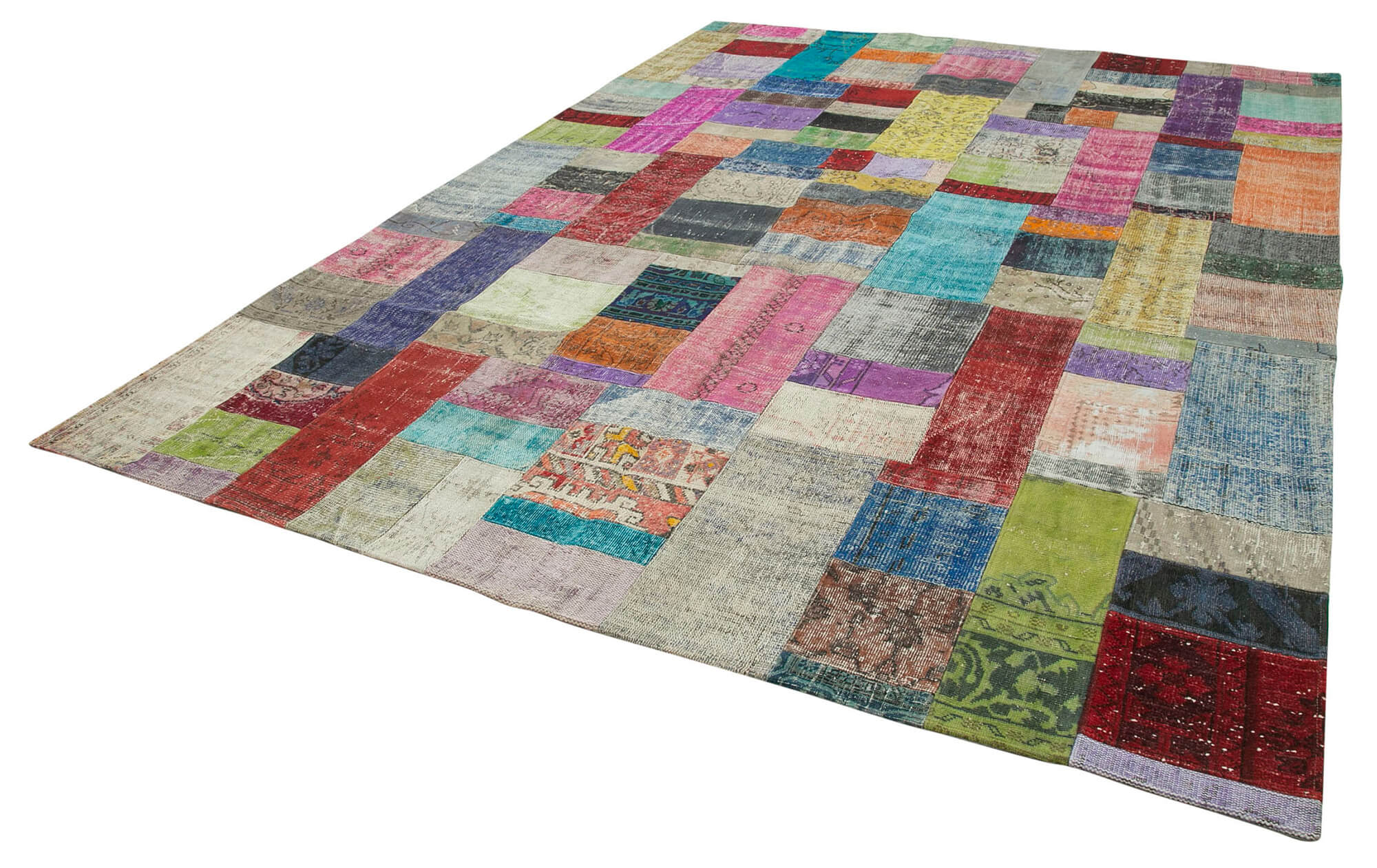 Handmade Area Rug - Blue Patchwork Cotton Wool Carpet 9'x12' Hand Knotted Turkish